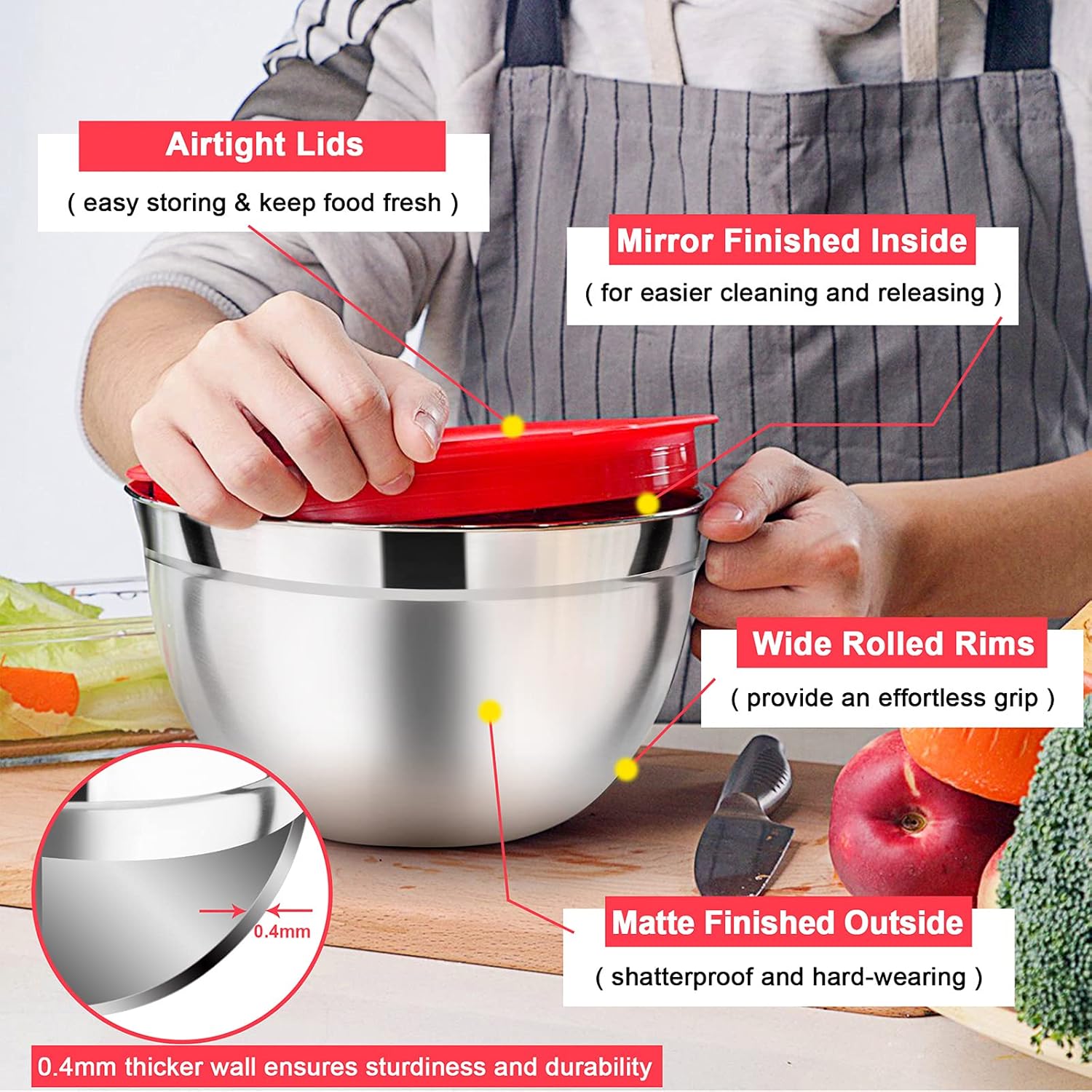 Homikit Stainless Steel Mixing Bowls with Airtight Lids, 5 Piece Nesting Salad Bowls for Space-Saving Storage, Metal Serving Bowl for Kitchen Baking/Cooking/Prepping, Size 0.7/1/1.5/2.6/4.6QT - Image 3
