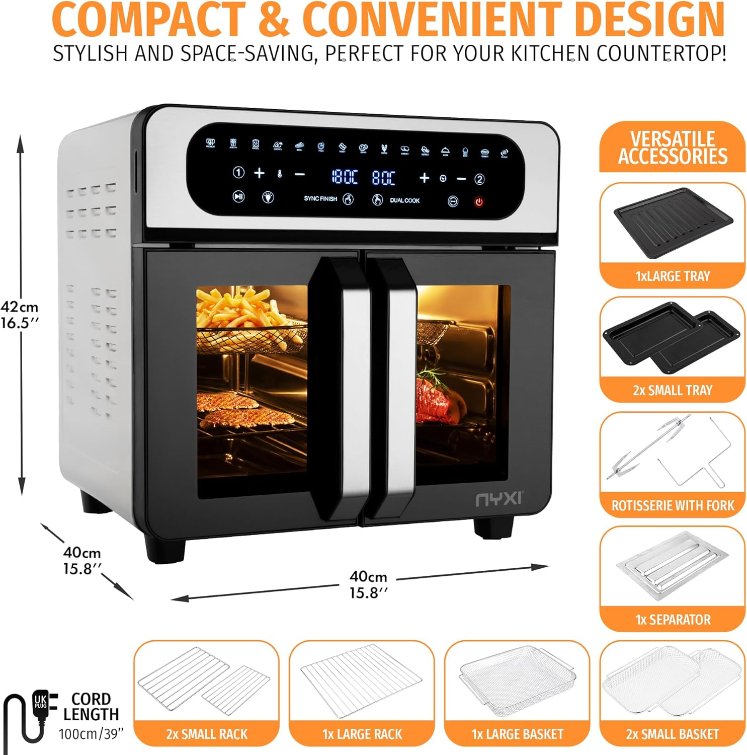 Nyxi 20L Air Fryer Oven with Dual French Glass Doors, Visual Window, 13 Cooking Modes, Digital Control, Adjustable Temperature, Timer, Non-Stick Tray, 12 Accessories, Stainless Steel - Image 5