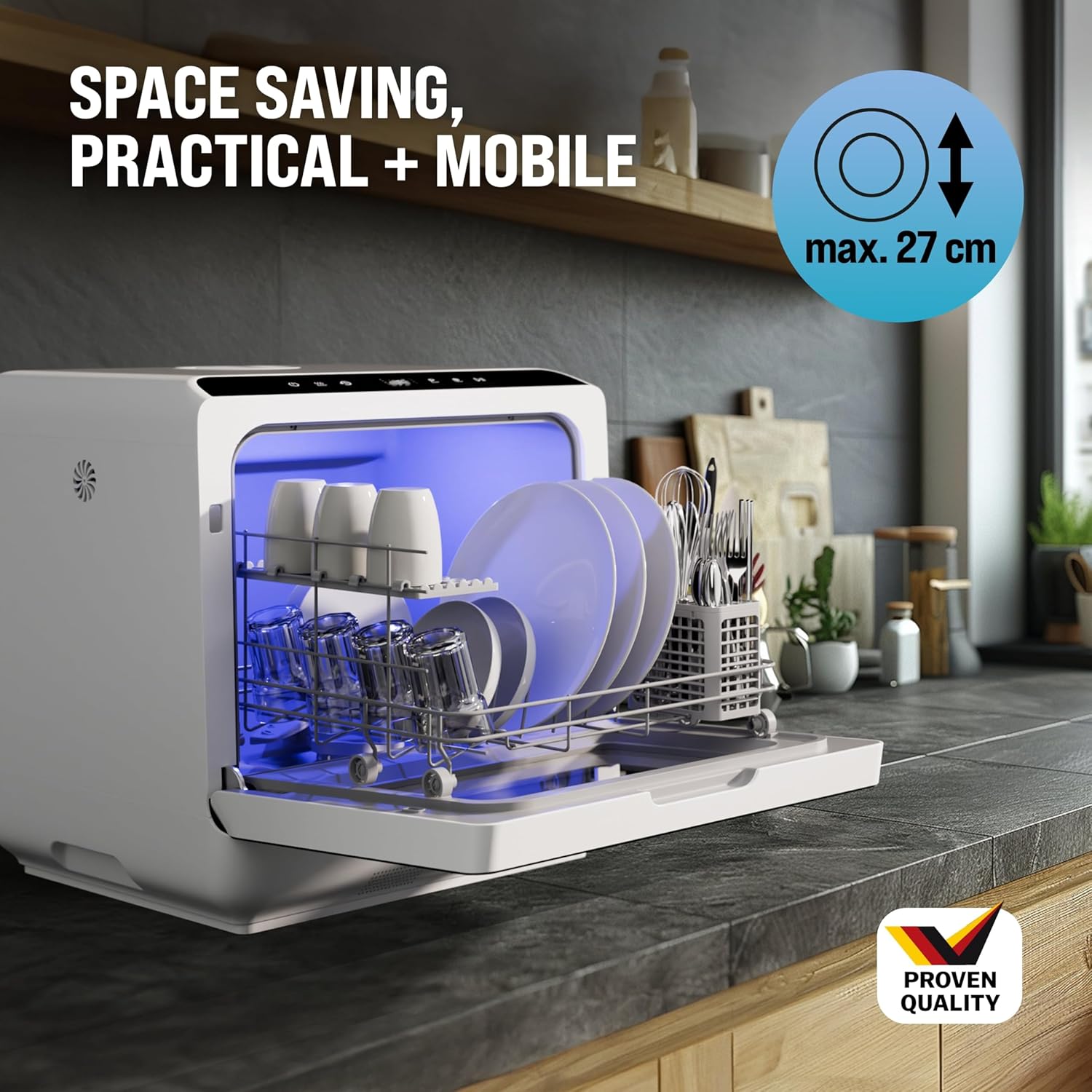 MONZANA® Tabletop Dishwasher with 4.5 Litre Water Tank | No Water Connection Needed | WiFi App 6 Programs 4 Place Settings | Small 45cm Mini Single Dish Washer - Image 2
