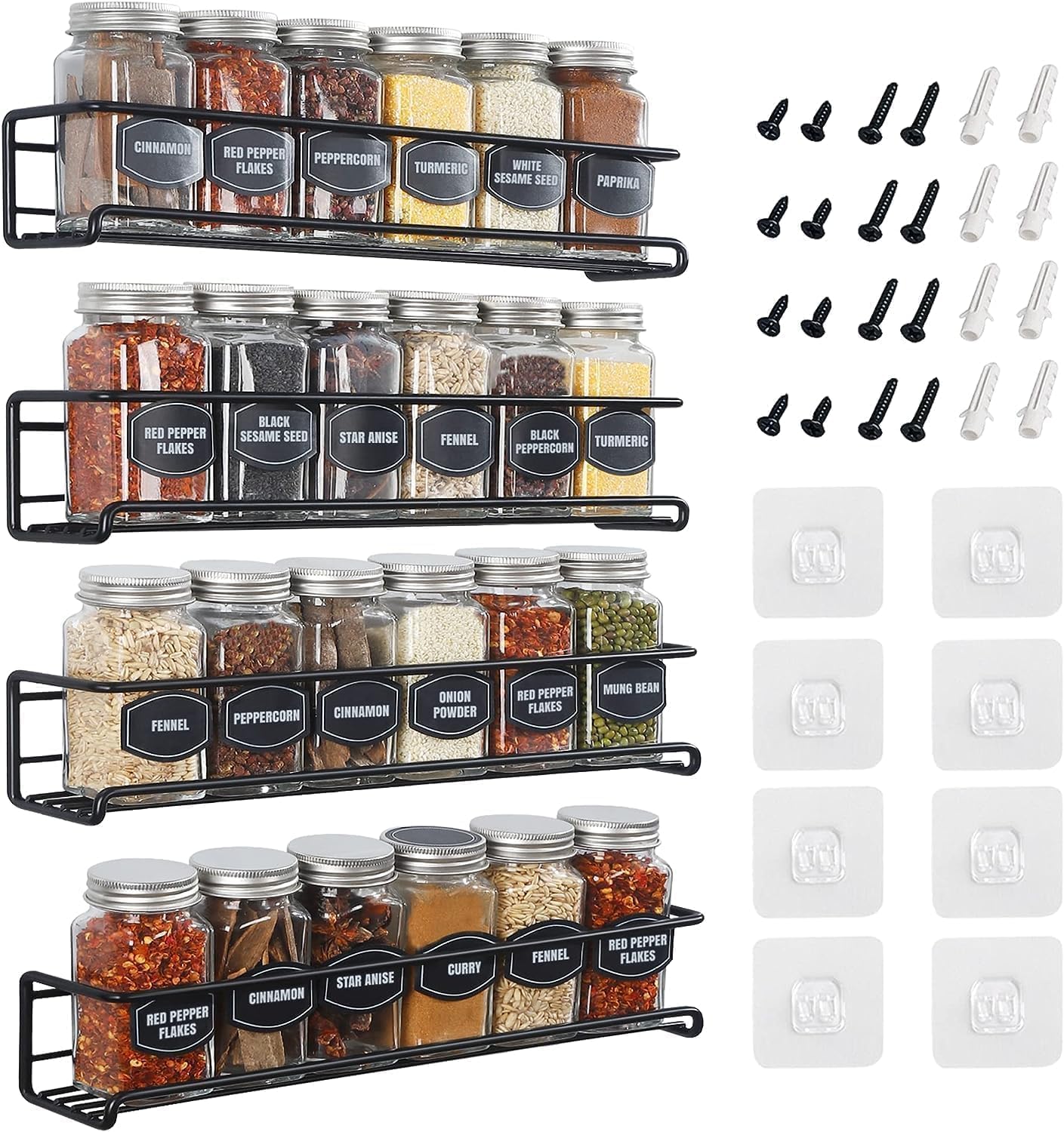 Priksia Spice Rack 4 Pack Spice Rack Wall Mounted Organizer with Adhesive Stickers & Screws for kitchen condiments