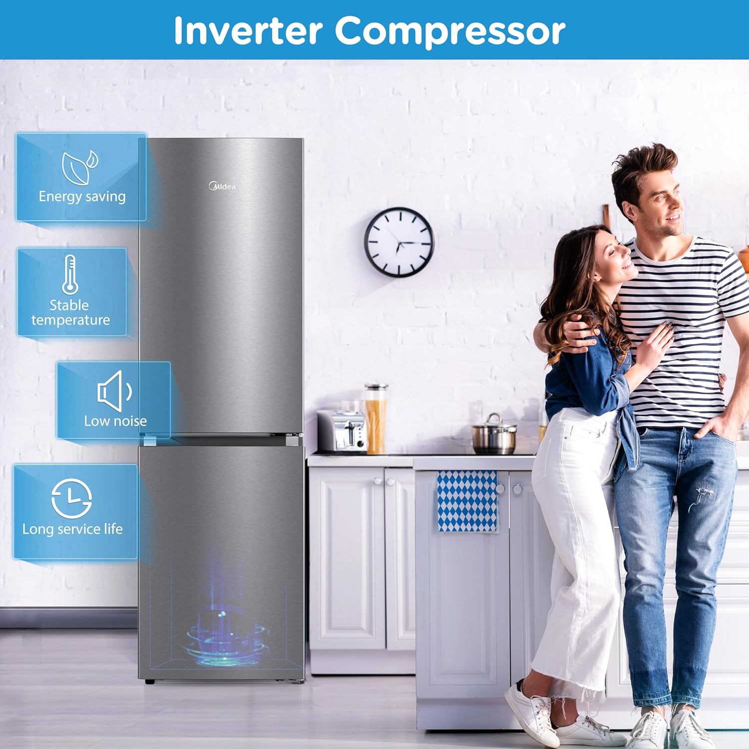 Midea MDRB379FGD02 273L 60/40 Freestanding Fridge Freezer, 173L Fridge, 100L Freezer, Frost Free, Fast Cool & Fast Freeze Mode, 54.7W x 63.2D x 180H cm, Stainless Steel - Image 3
