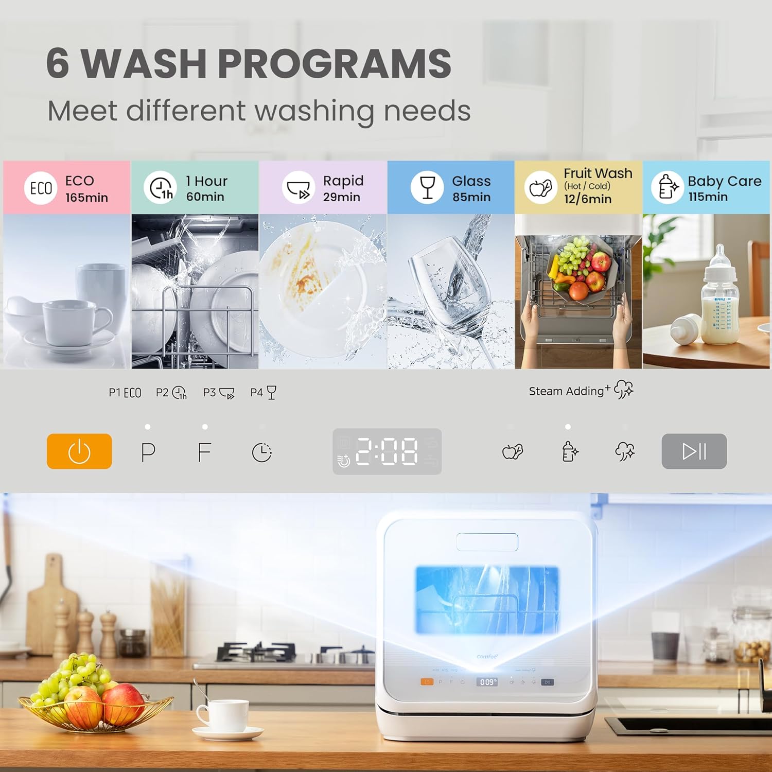 COMFEE‘ Table Top Dishwasher, Mini Countertop Dishwasher with 6+3 Programs, Steam Wash, Baby Care & Fruit Wash, No plumbing, Delay Start, 72H Storage, Perfect for Singles or Couples - Image 3