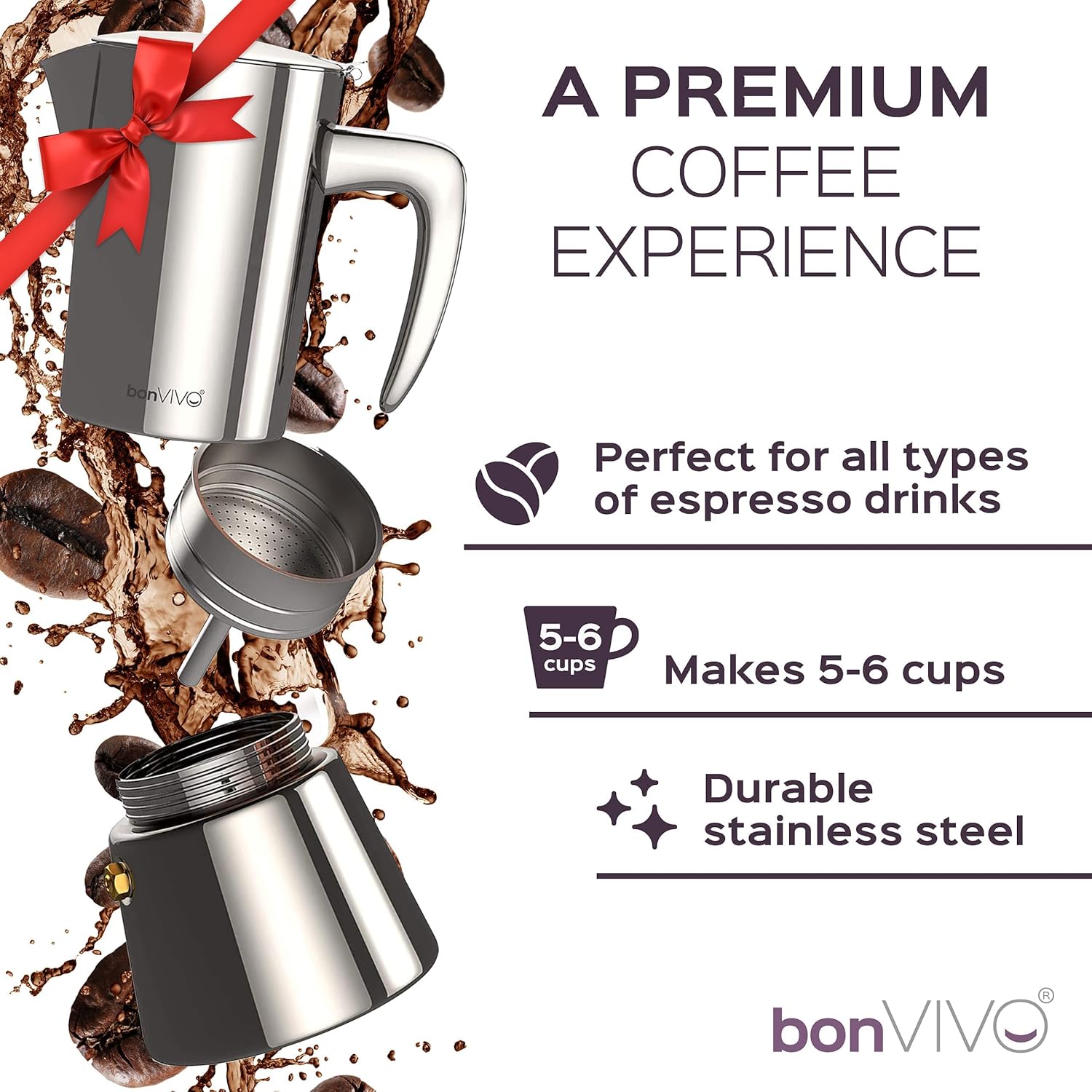 bonVIVO Moka Pot - 2 Cup Intenca Stainless Steel Espresso Maker w/Silver Finish - Stove Top Italian Coffee Maker - 100ml Cup Coffee Pot - Gifts for Men and Women - Image 2