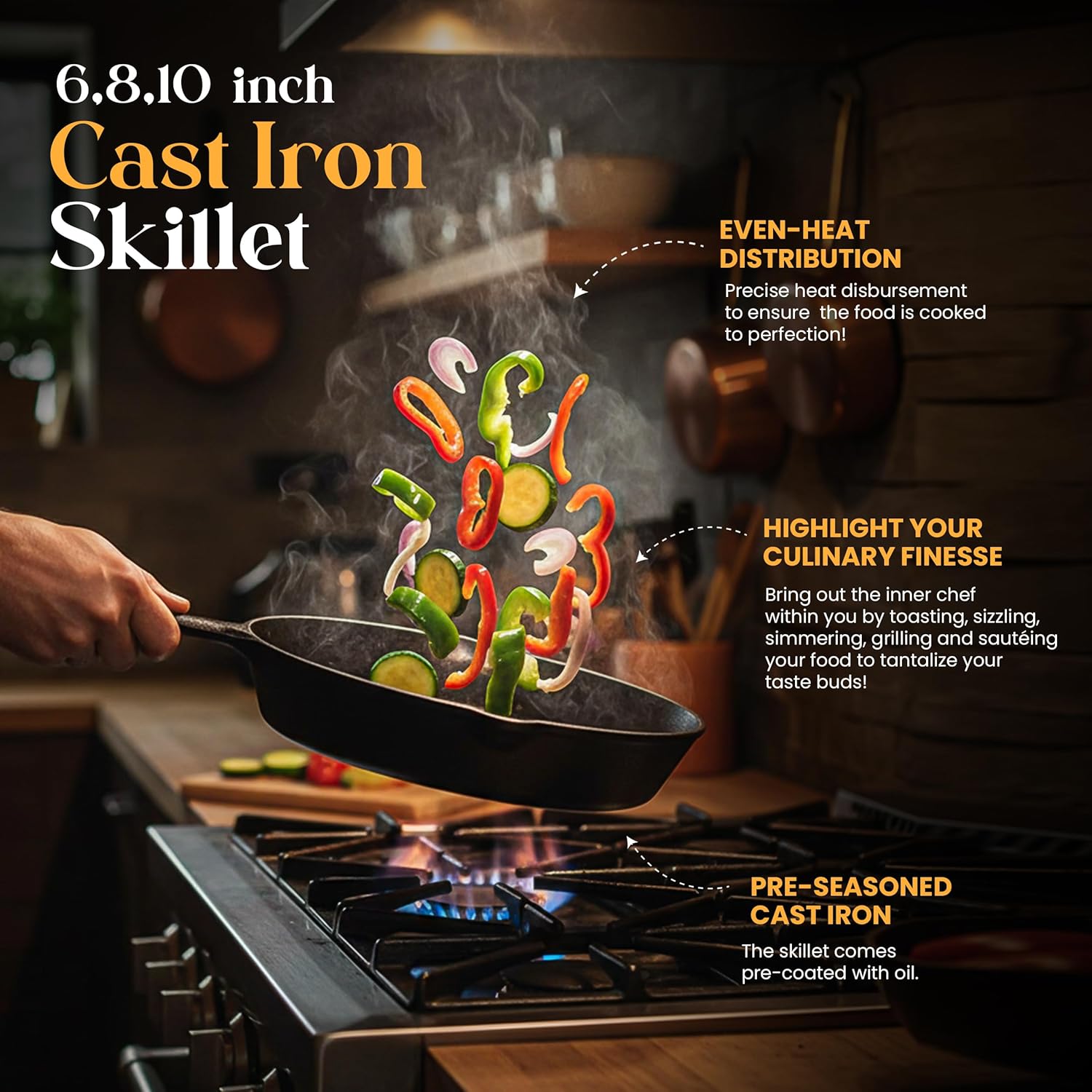 KICHLY Set of 3 Preseason Cast Iron Skillets, Cast Iron Induction Frying Pan Set with 6 Inch, 8 Inch and 10 Inch Sauté Fry Pans, Black - Image 5