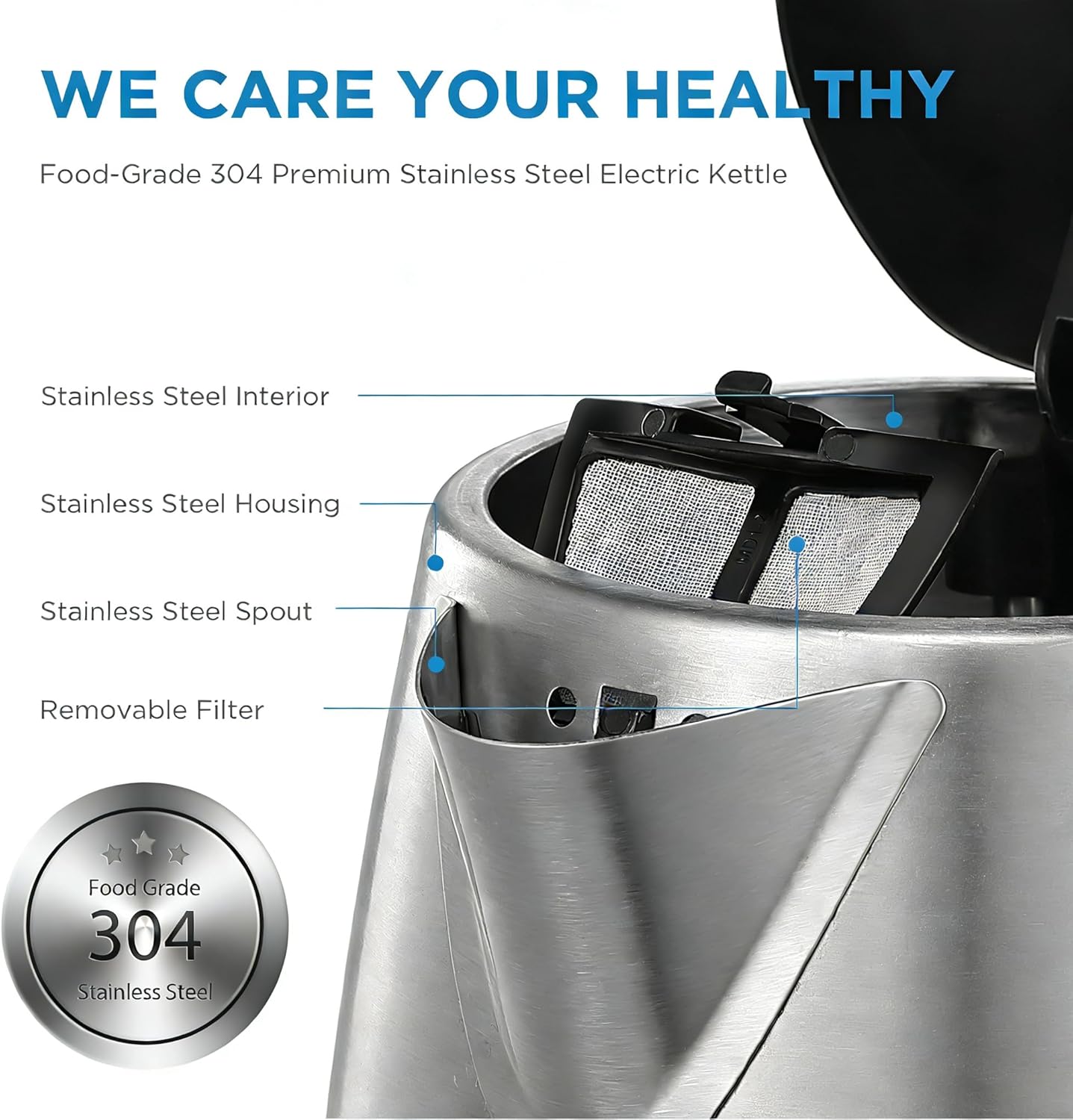 Midea Electric Kettle 3000W Fast Boil 1.7L Stainless Steel Kettle LED Indicator,Spring Lid,Removable Filter,Insulated Handle, Water Level Indicator, Dry Burn Protection,BPA-Free - Image 3