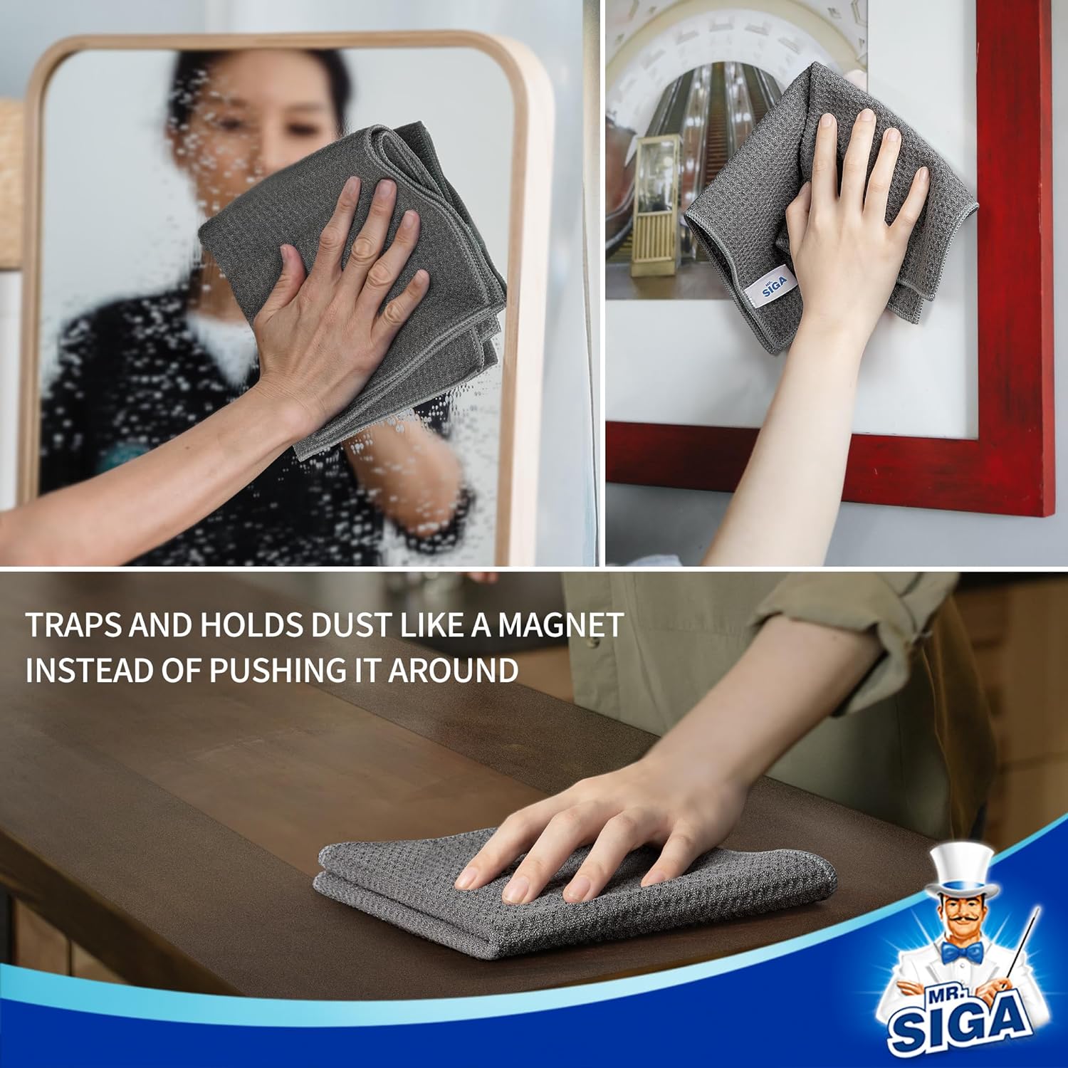 MR.SIGA Waffle Pattern Cleaning Cloths, Reusable Absorbent Microfiber Cleaning Cloths, Lint Free Microfiber Kitchen Towels, 6 Pack, Gray, 12.6 x 12.6 inch - Image 5