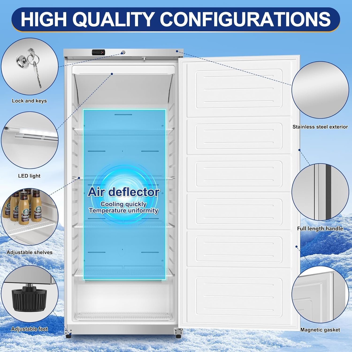Rockit 600L Commercial Upright Freezer, Single Door Stainless Steel Commercial Freezer with 4 Adjustable Shelves, -22°C to -18°C Fan Cooling Cabinet Freezer for Restaurant, Kitchen, Energy Class B - Image 3