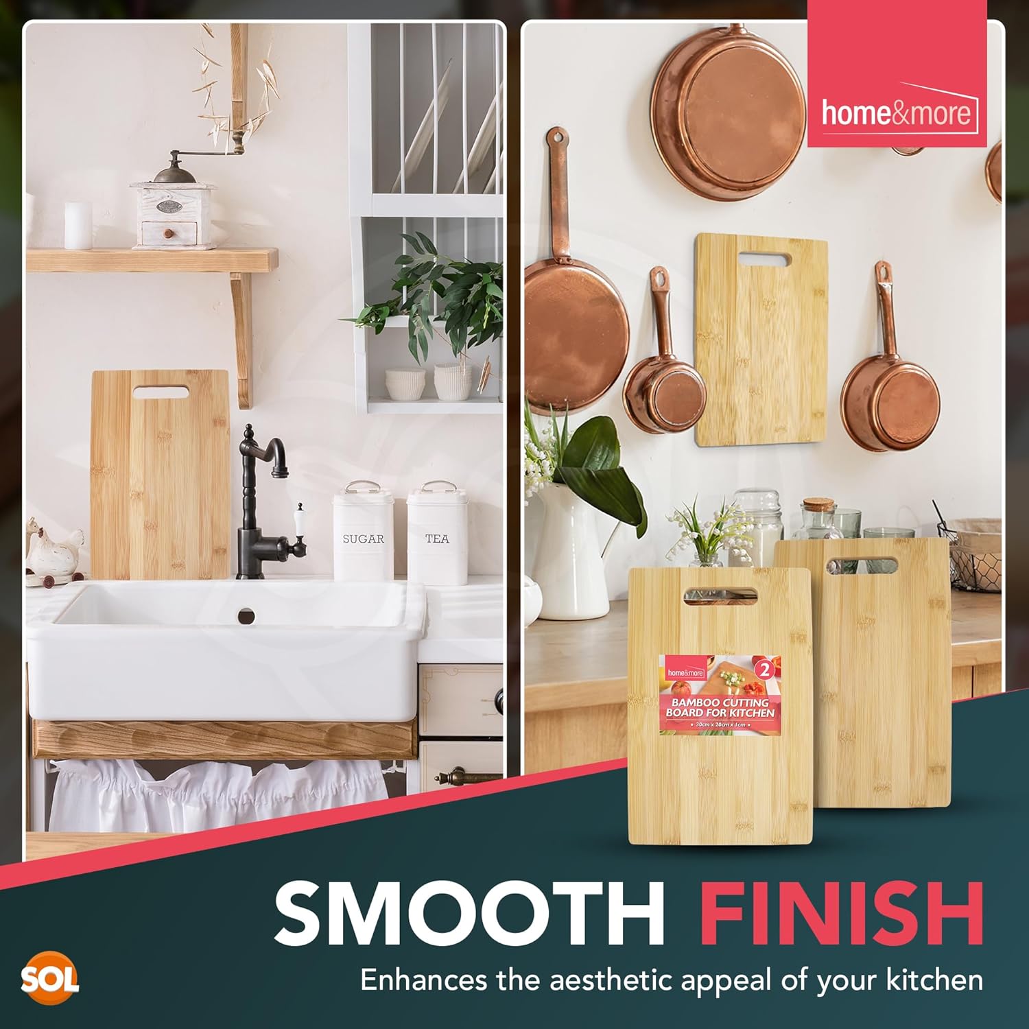 SOL 2pk Bamboo Cutting Board for Kitchen 30 x 20cm x 1cm Wooden Chopping Surface for Bread Meat Fruit and Vegetables Durable Serving Tray for Household Meal Preparation Everyday Use - Image 3