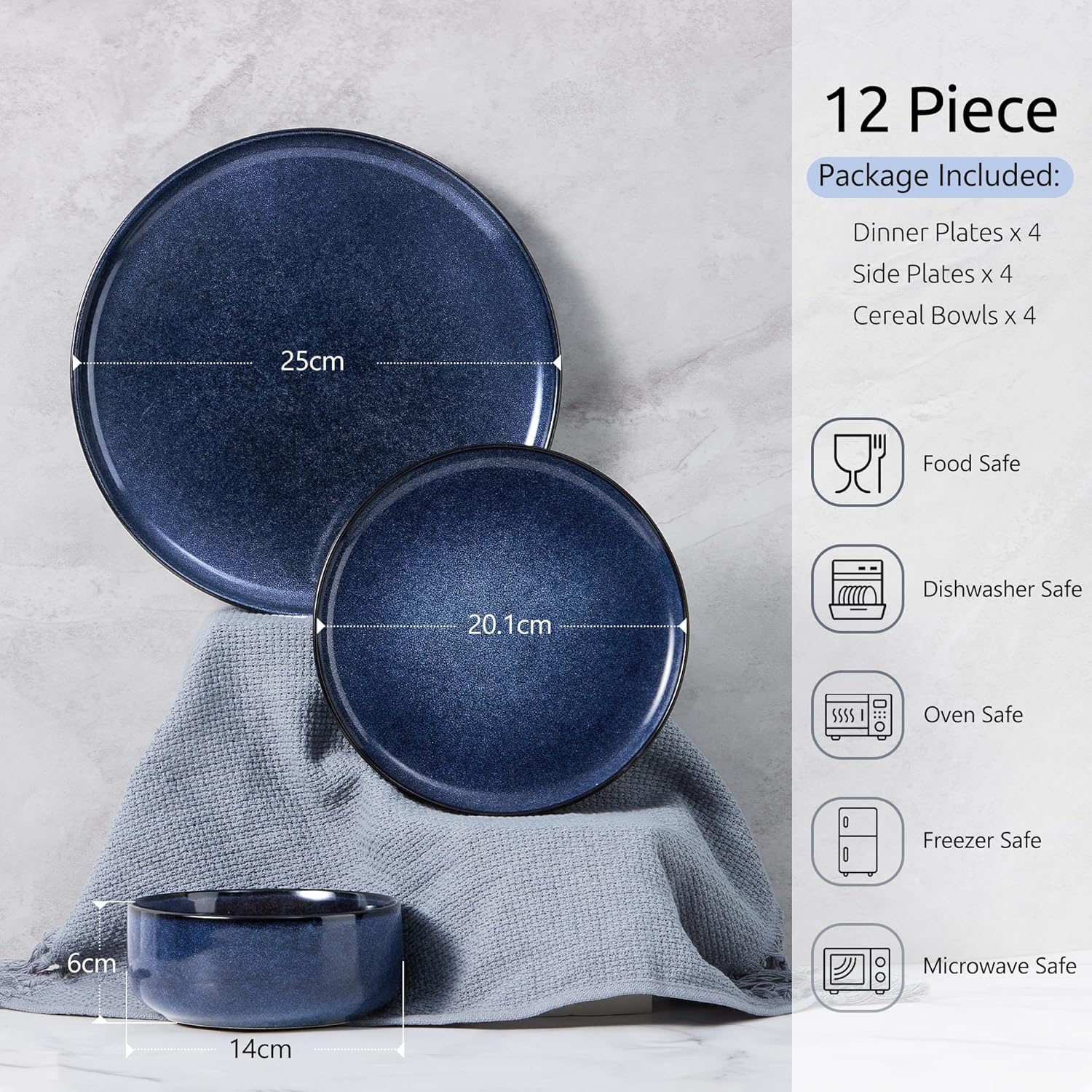 Homikit 12 Piece Dinner Set, Reactive Glaze Kitchen Dinnerware Sets for 4, Elegant Stoneware Included Plates and Bowls, Non-Scratch & Sturdy, Dishwasher & Microwave Safe, Nebulas Blue - Image 2