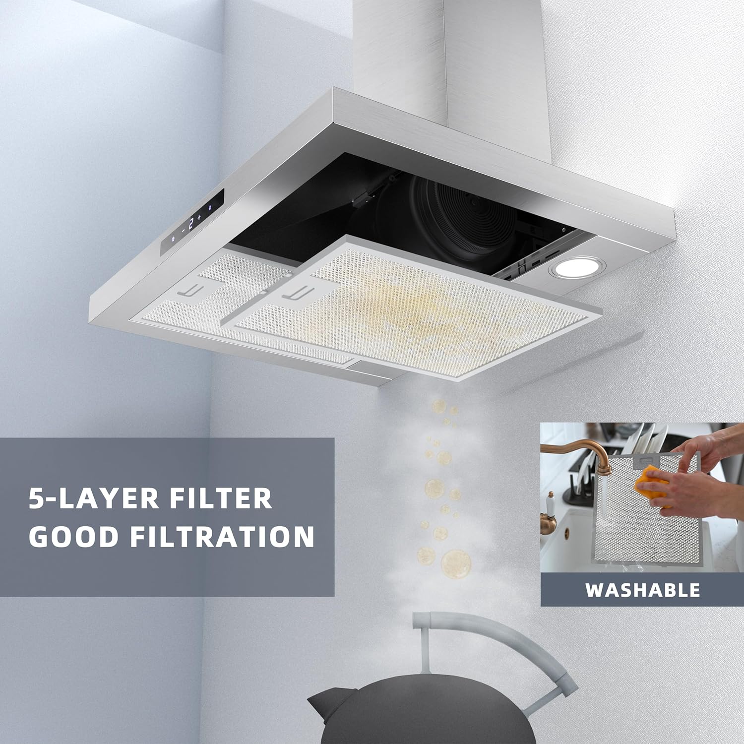 FIREGAS Chimney Cooker Hood 60 cm, 3 Fand Speeds, 335 m³/h,Touch controls,Recirculating & Ducting Extractor Hood Wall Mounted Range Hood 600mm Kitchen Extractor Fan - Stainless Steel - Image 5