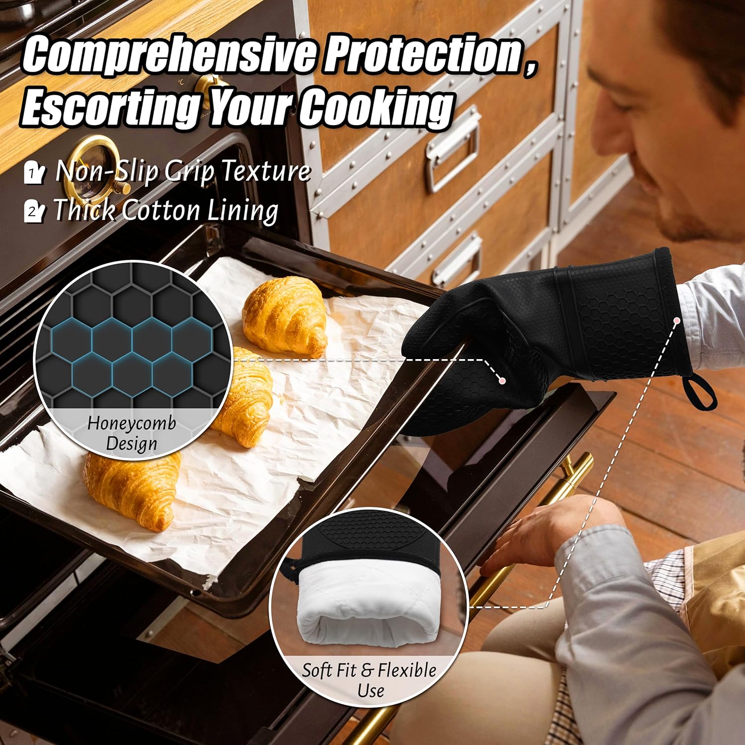 Oven Mitts,Anti-Slip Silicone Oven Gloves,Heat Resistant Gloves,Withstand 500 ℉,Black Double Oven Gloves for Kitchen Cooking,Dessert Making,BBQ - Image 3