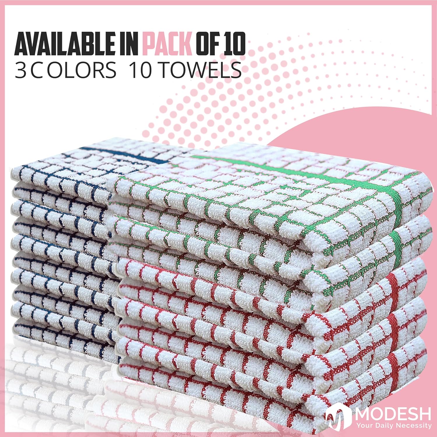 Tea Towels 100% Cotton Kitchen Tea towels with Highly Absorbent Quality - Lint Free Quick Dry Long Lasting Catering Bar Towel - Assorted Colors (Pack of 10 || Red + Blue + Green) (1 count(Pack of 10)) - Image 2