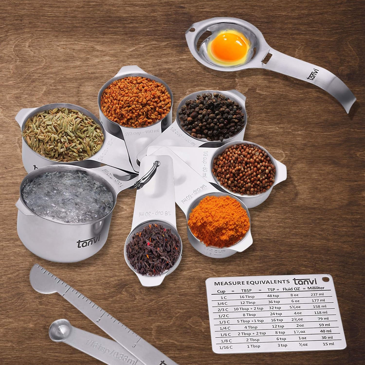 Tanvi Measuring Cups and Spoons Set (21 PCS) - Stainless Steel Measuring Ruler, Egg Separator, Leveler and Magnetic Measurement Conversion Chart with 2 D Rings - Image 5