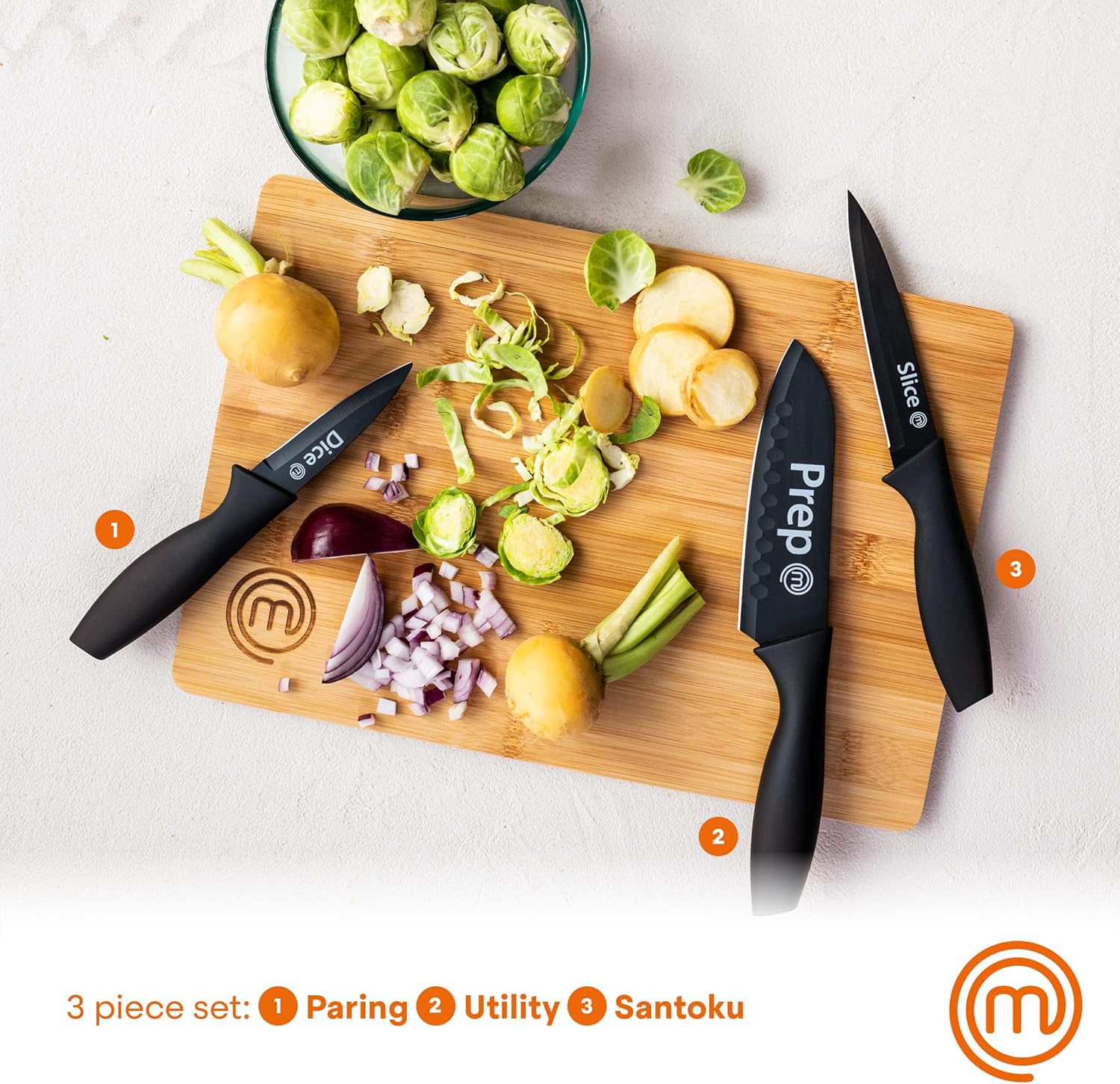 MasterChef Kitchen Knives Set of 3 for Cooking - Chef Knife, Paring Knife & Utility Knife with Professional Sharp Stainless Steel, Non Stick Coated Blades & Soft Touch Handles for Easy Grip, Black - Image 2