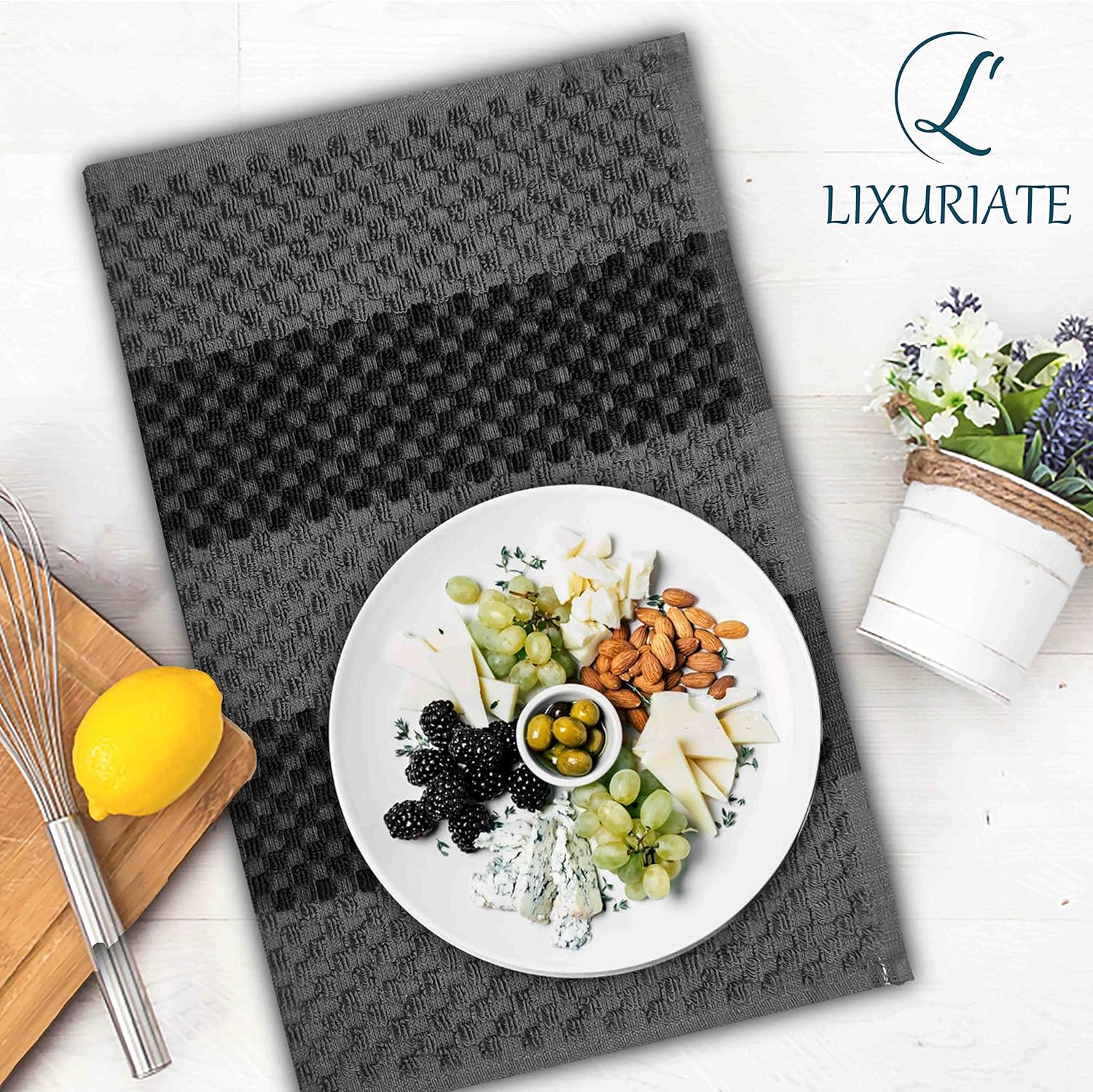 Stripe Designed Tea Towels for Kitchen - 100% Cotton | Super Absorbent & Quick Drying Hotel Quality Kitchen Towels Set | Machine Washable for Everyday Use (Grey & Black, 5 Pack) - Image 3