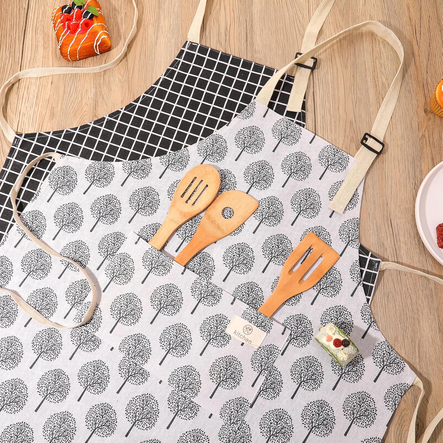 ViEinkaufen 2 Pack Apron for Women, Waterproof Kitchen Apron for Cooking, Adjustable Bib Aprons with 2 Pockets, Wipeable Bib Apron for Baking Grilling Household Cleaning Gardening - Image 5