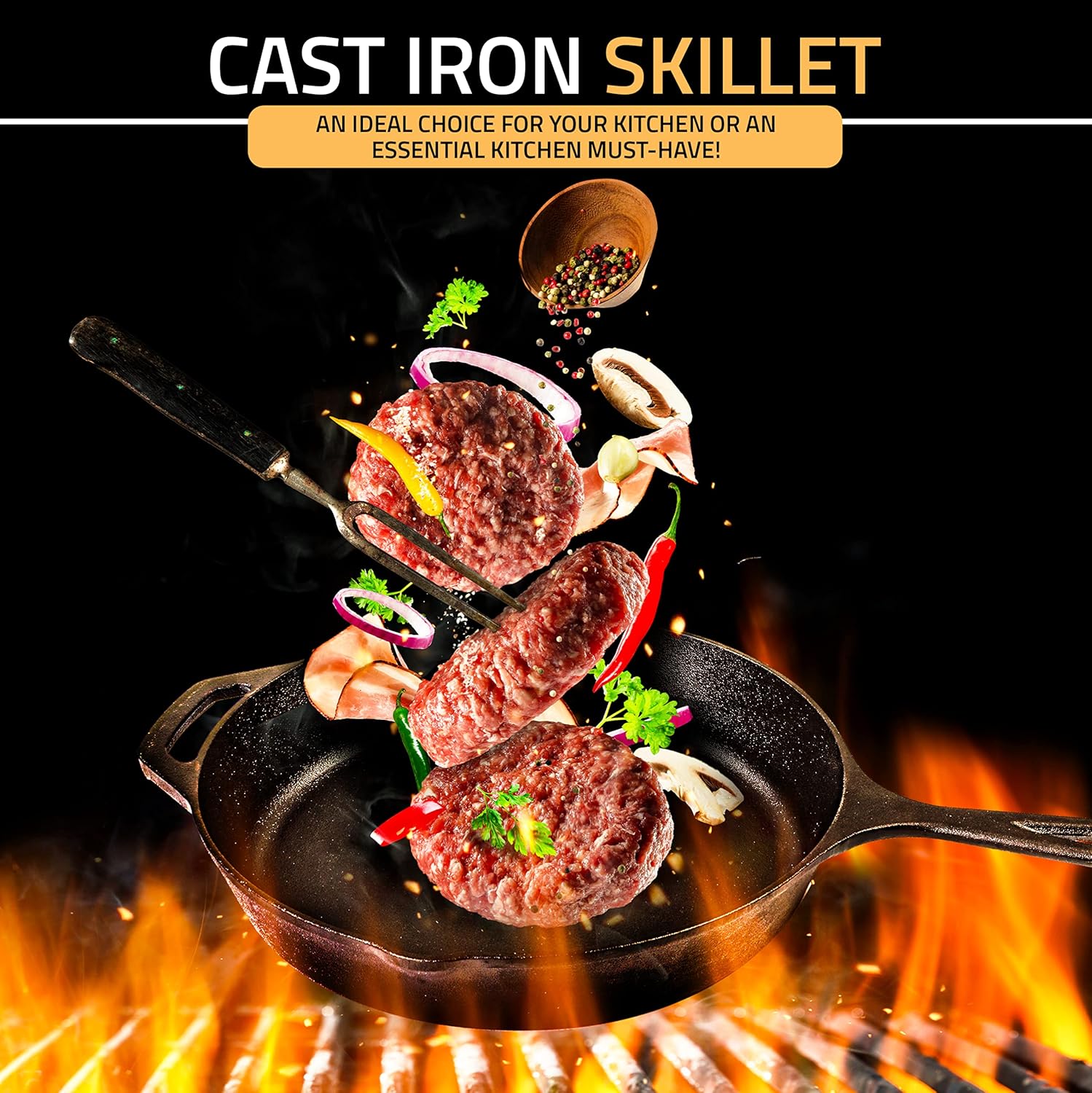 KICHLY 26 cm Pre-Seasoned Cast Iron Skillet Frying Pan with 2 Handles for Ease of use, Induction Compatible Cookware for Indoor & Outdoor Use (10.25 Inch, 26 cm, Cast Iron Pan, Induction Compatible) - Image 3