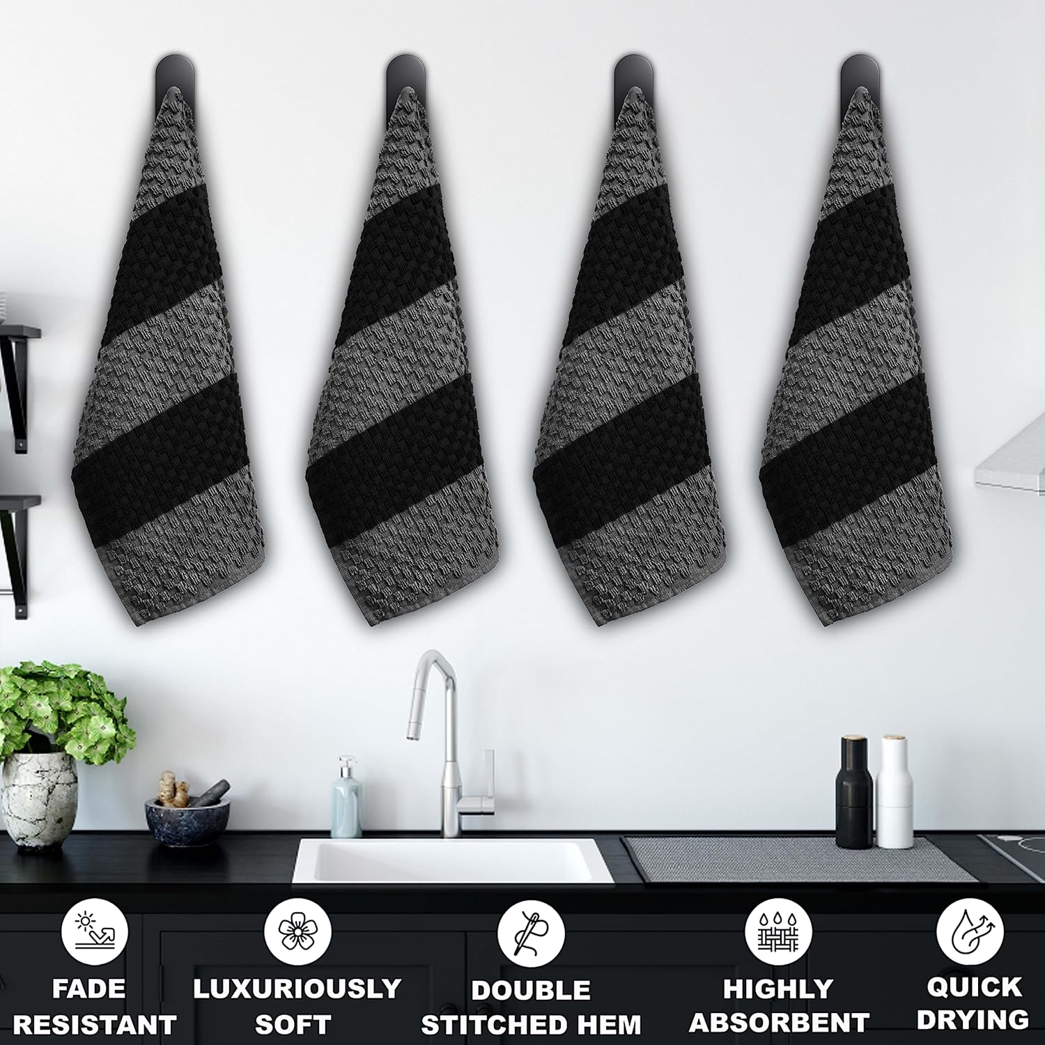 Stripe Designed Tea Towels for Kitchen - 100% Cotton | Super Absorbent & Quick Drying Hotel Quality Kitchen Towels Set | Machine Washable for Everyday Use (Grey & Black, 5 Pack) - Image 5