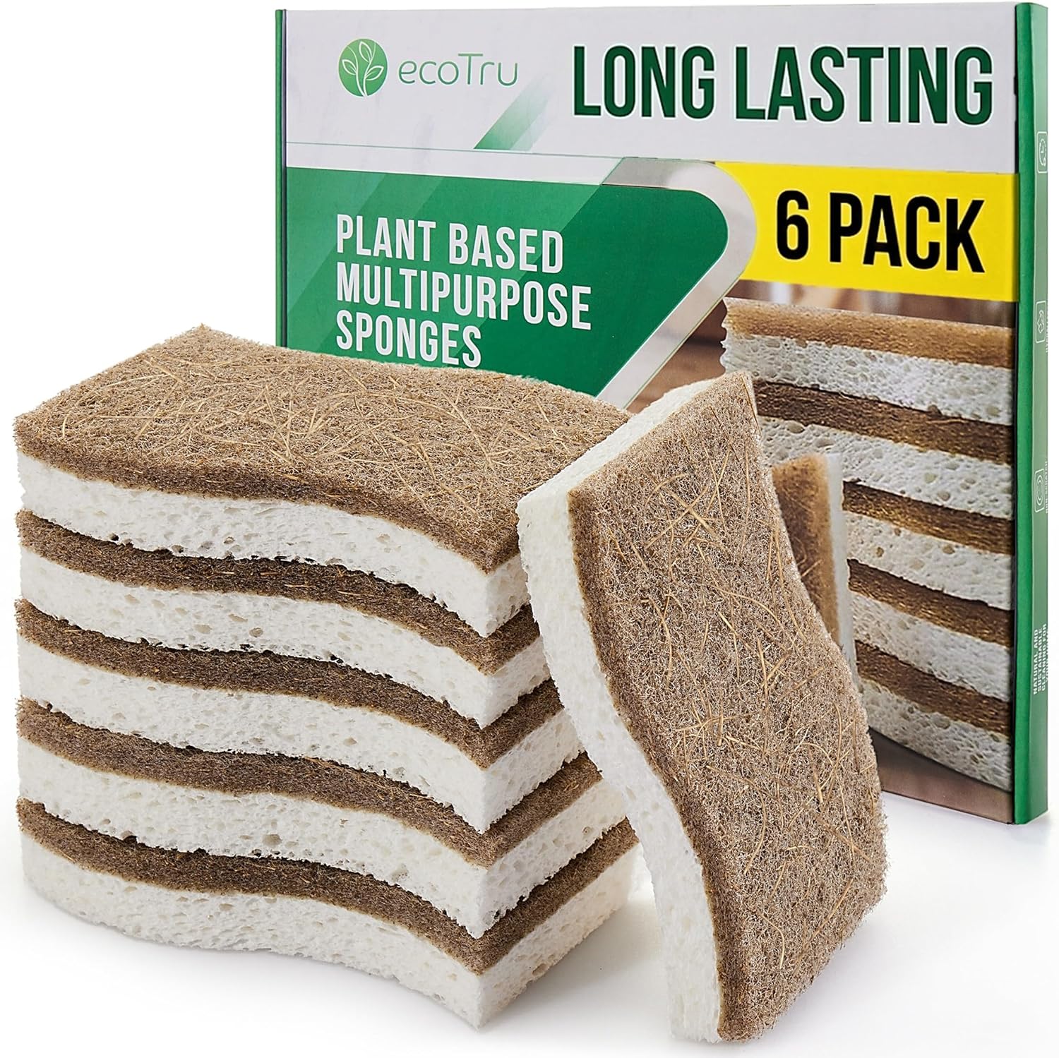 6 Pack Natural Washing Up Sponge, UK Brand Eco Friendly Kitchen Dish Cleaning Sponges, Compostable Cellulose & Coconut Eco Sponges & Scourers, Biodegradable Non Scratch for Heavy Duty Scrubbing