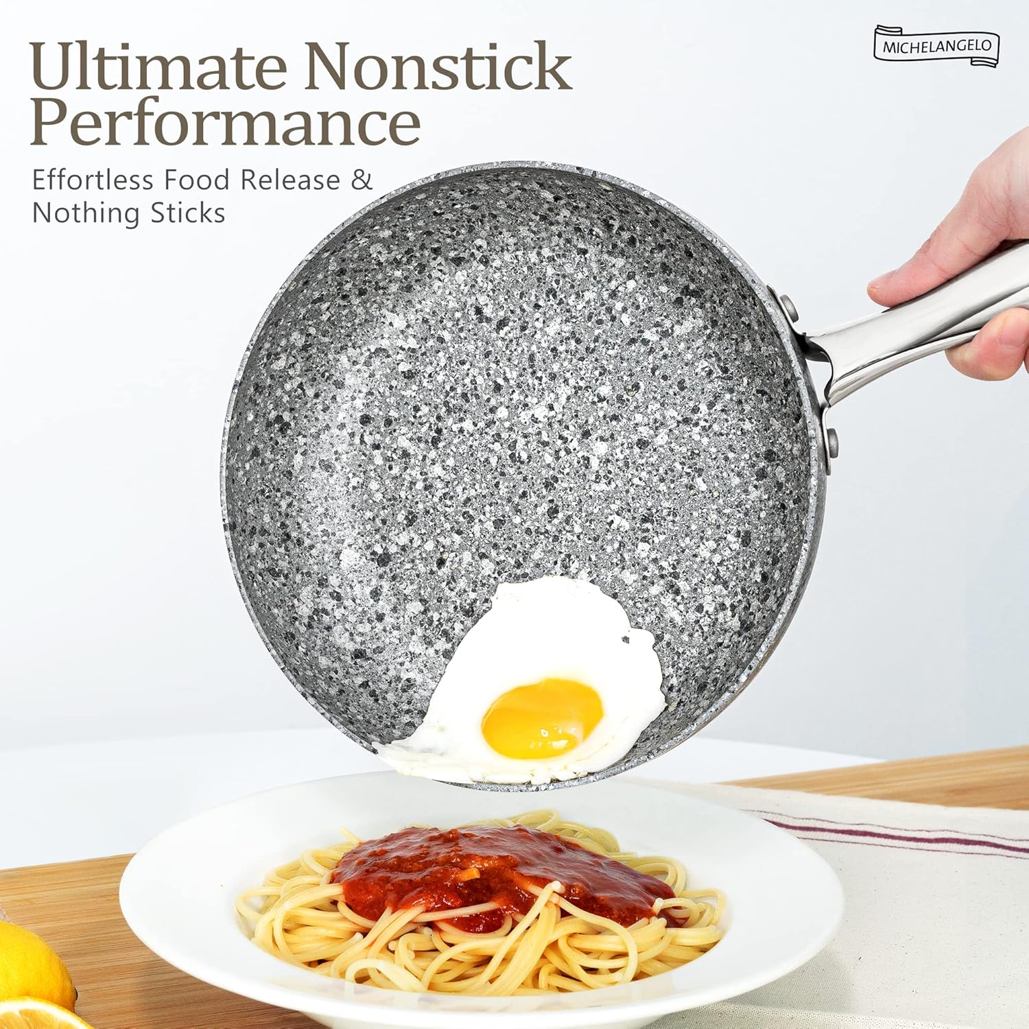 MICHELANGELO 26CM Frying Pan with Lid, Non Stick Fry Pan, Stone-Derived Coating Omelette Pan for Induction, Granite Skillets with Lid-Oven Safe - Image 2