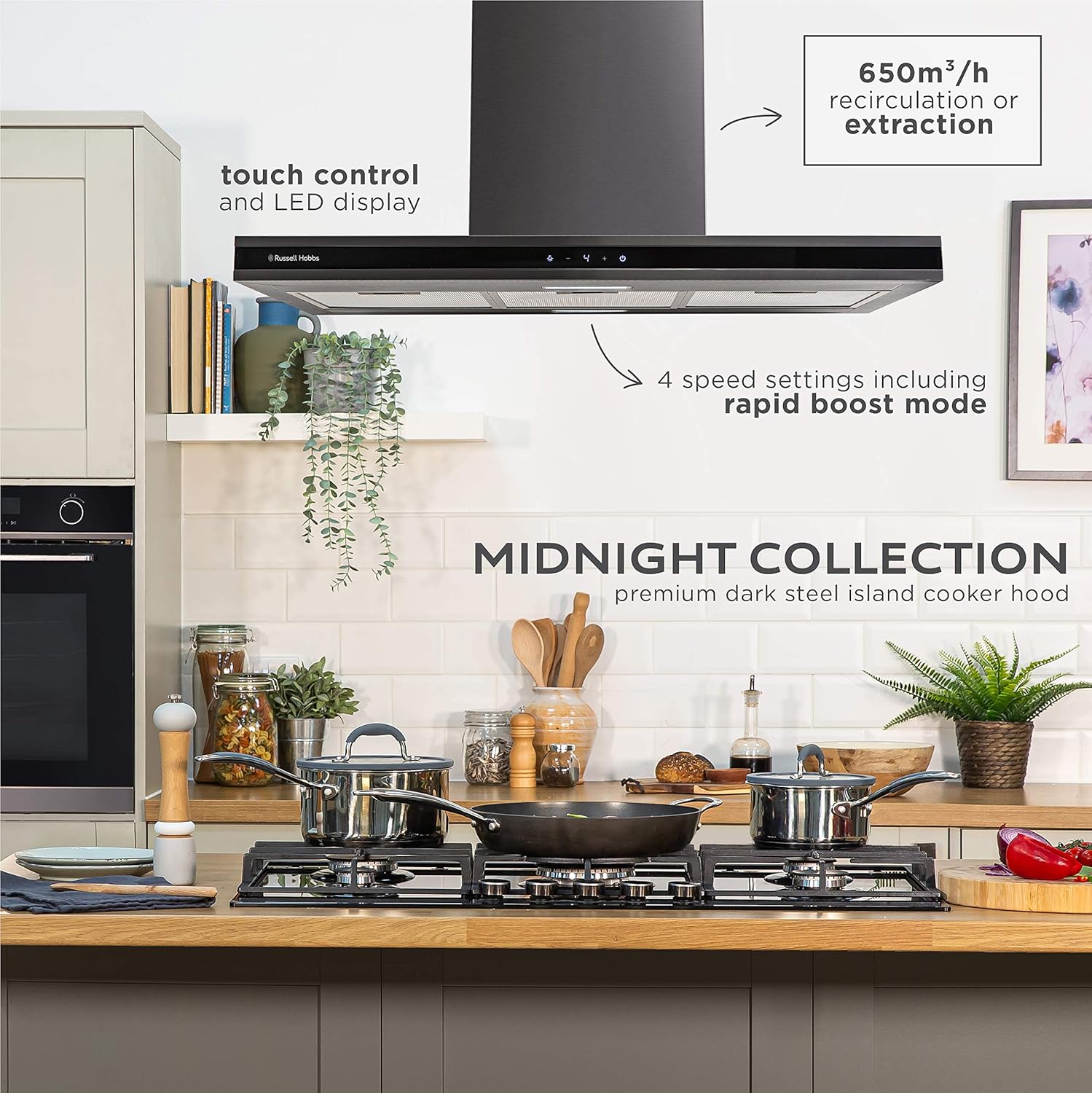 Russell Hobbs RHICH904DB Midnight Collection 90cm Island Cooker Hood, Dark Steel - Image 2