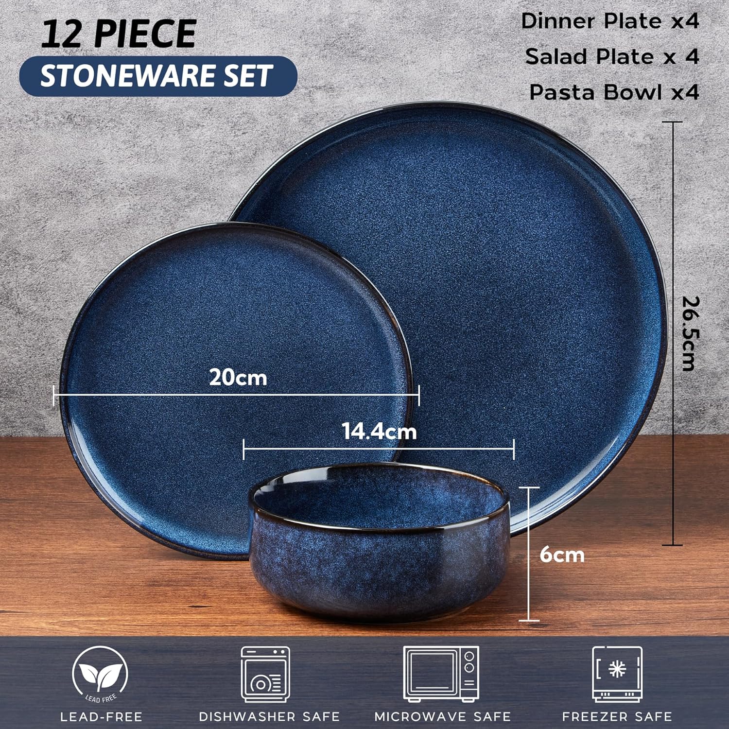 HaWare Dinner Set, 12 Piece Stoneware Dinnerware Service for 4, Reactive Glaze Dining Ware Include Plates and Bowls, Chip and Scratch Resistant, Microwave & Dishwasher Safe, Nebulas Blue - Image 2