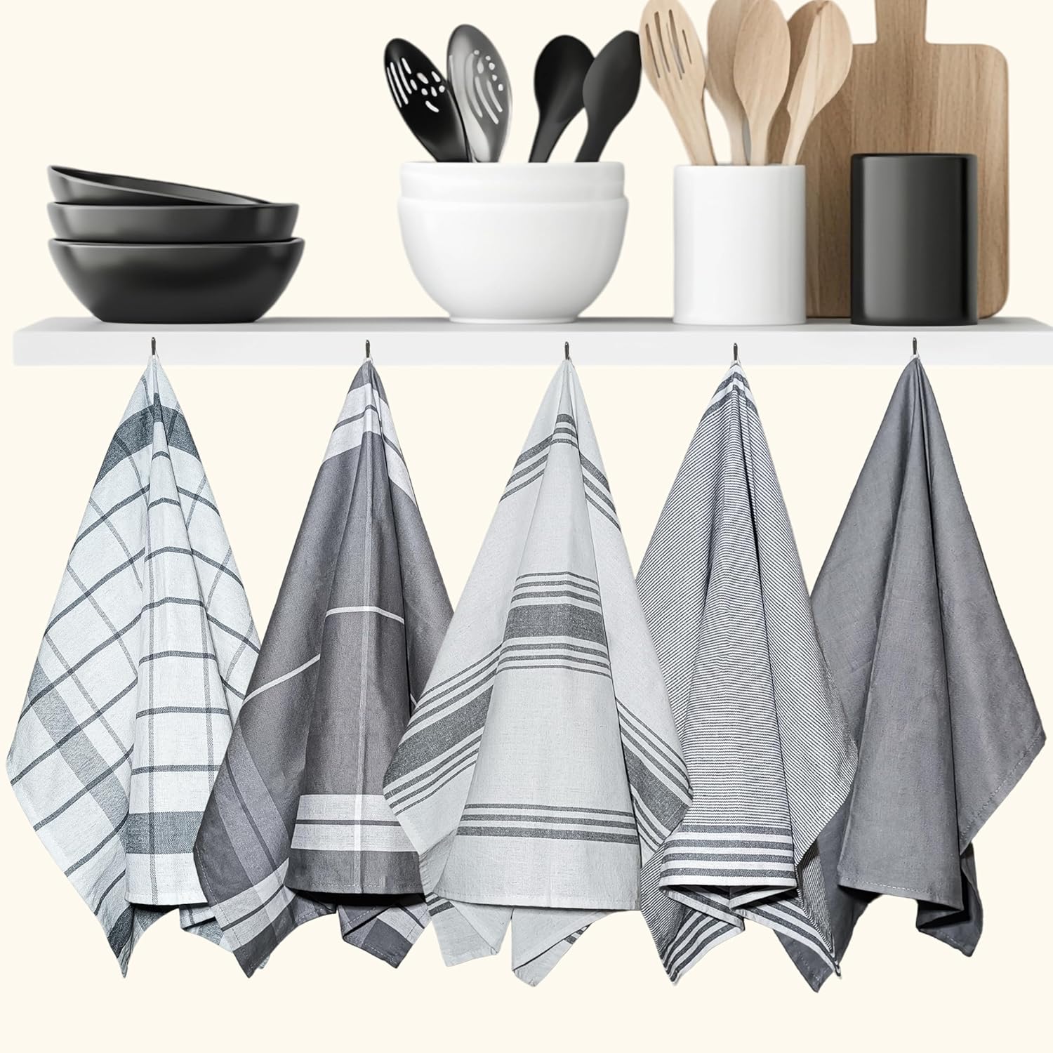 Premium Kitchen Tea Towels Set of 5 – Eco-Friendly 100% Cotton Hotel Quality Kitchen Towels Ultra Absorbent & Lint Free, Quick Drying Dish Cloth, 70 x 50 cm (Grey) - Image 2