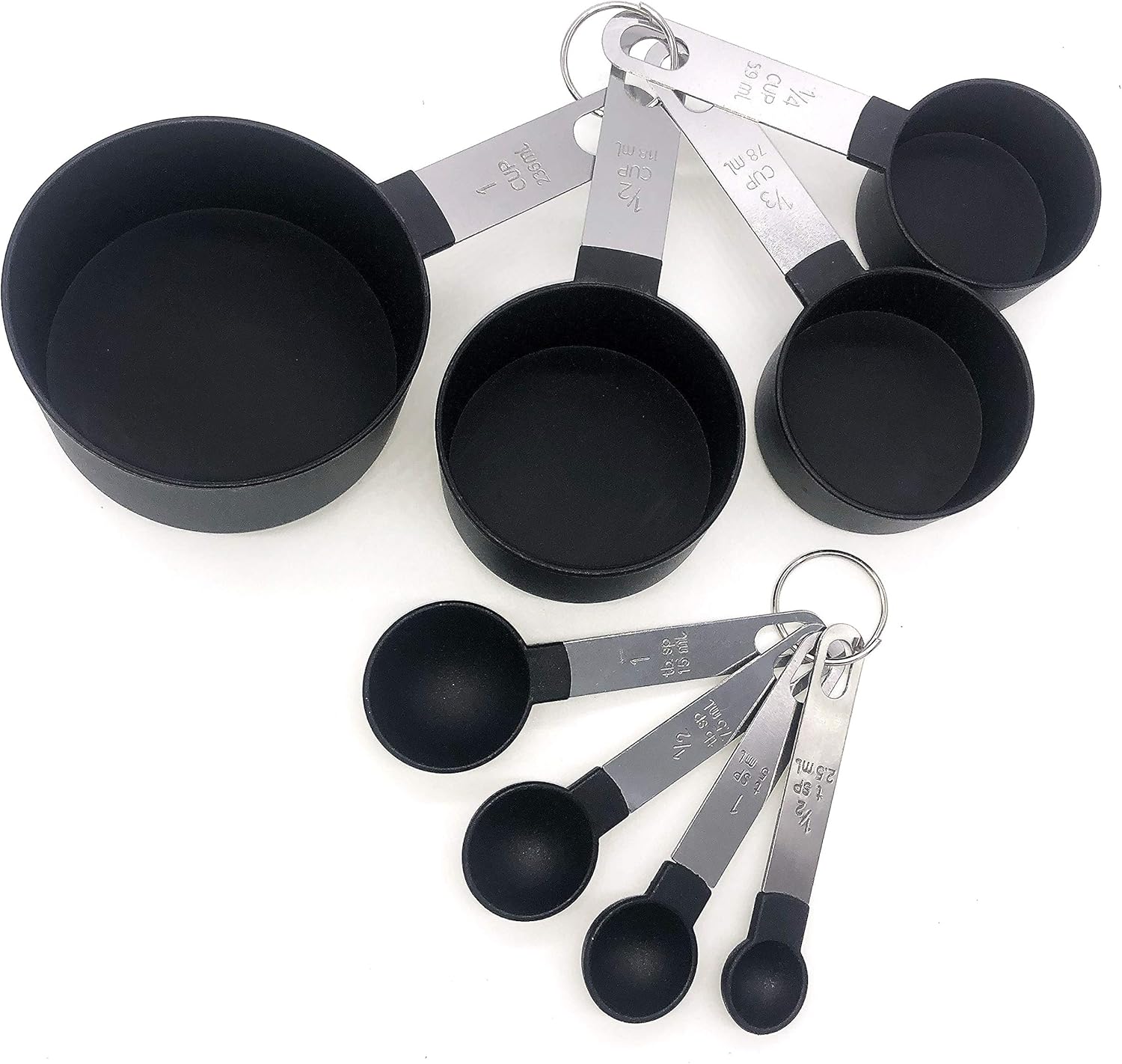 FONYA 8-Piece Black Measuring Tools - Nylon, 4 Measuring Cups / 4 Measuring Spoons with Metal Handles for Liquids and Solids (Black)