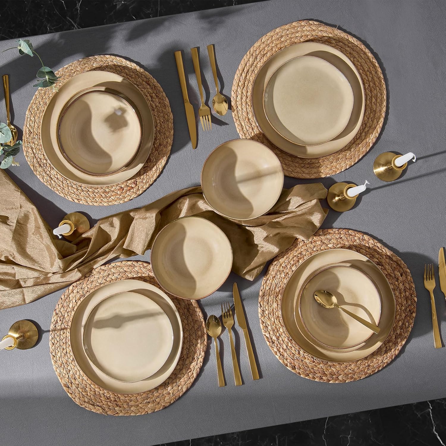 Homikit 12-Piece Dinner Set, Reactive Glaze Stoneware Dinnerware for 4 People, Irregular Shape Crockery with Plates and Bowls, Non-Toxic & Non-Scratch, Microwave and Dishwasher Safe - Caramel Dusk - Image 7