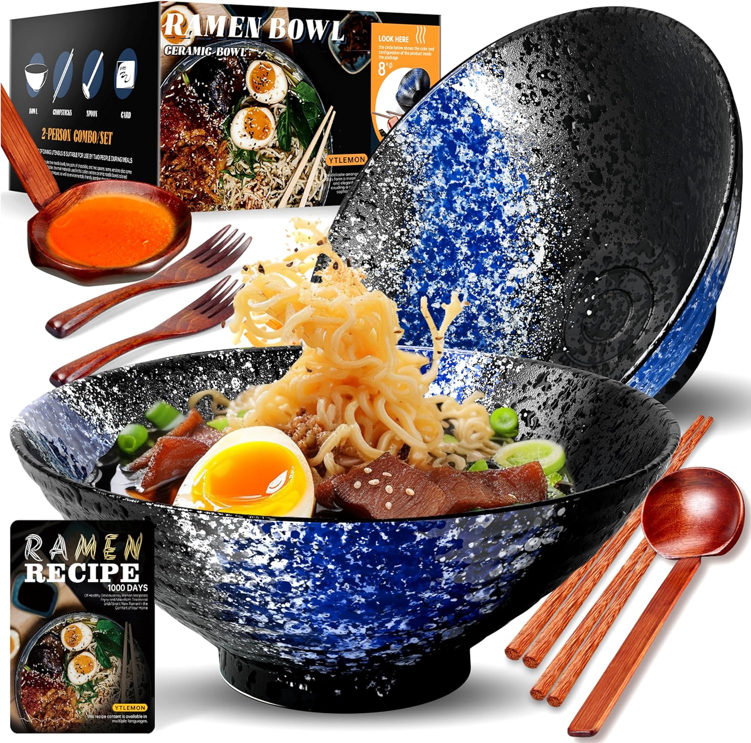 8-Inch Large Ceramic Ramen Bowl Set of 2 (9 Piece) - Microwave & Dishwasher Safe Porcelain Japanese Salad Noodles Cereal Fruit Pasta Soup Bowls with Recipes Chopsticks Forks Spoons for Men Women Gift