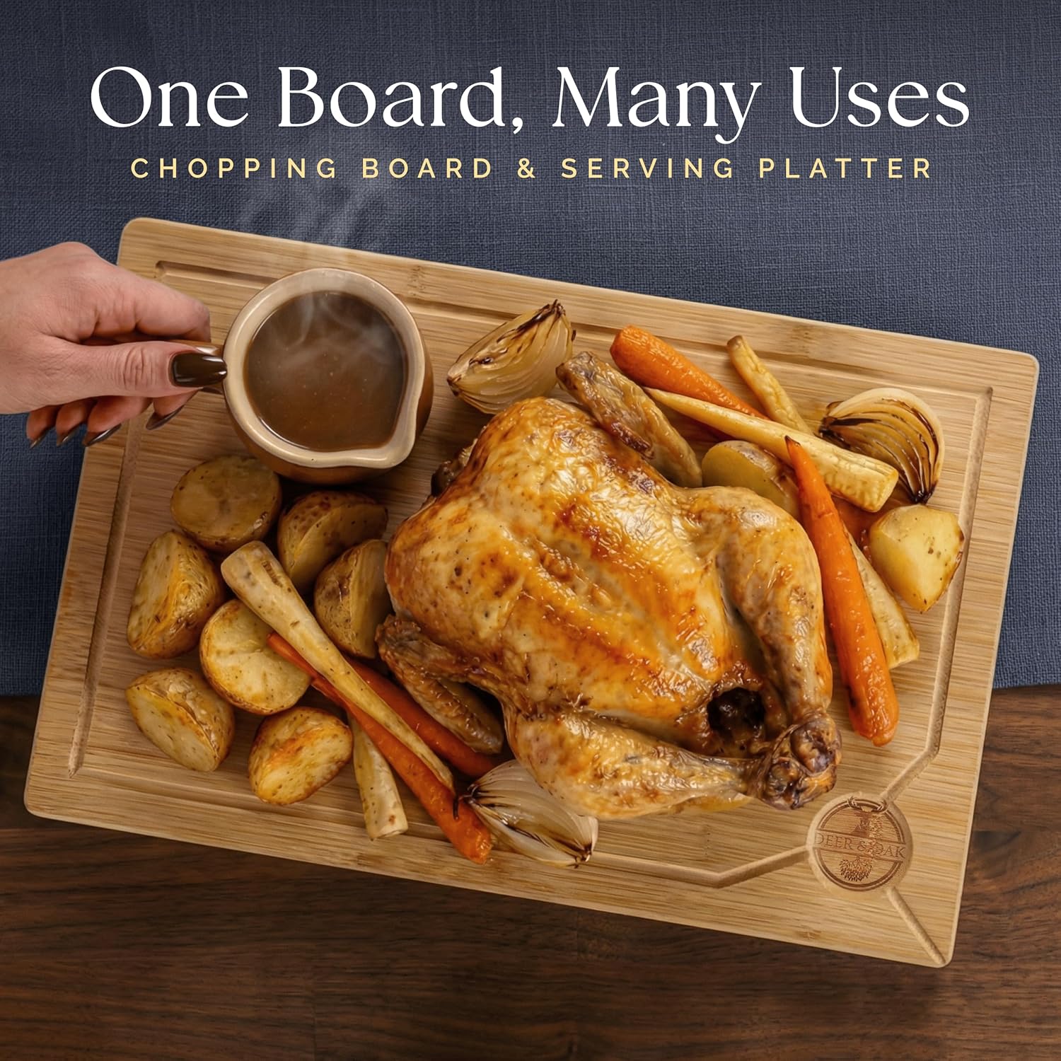 Deer & Oak - Large Cutting Board 38 x 25 x 2cm, Pre-Oiled Wooden Bamboo Chopping Board for Carving Meat, Fish, Vegetables, Fruits, Cheese, Bread - Image 2