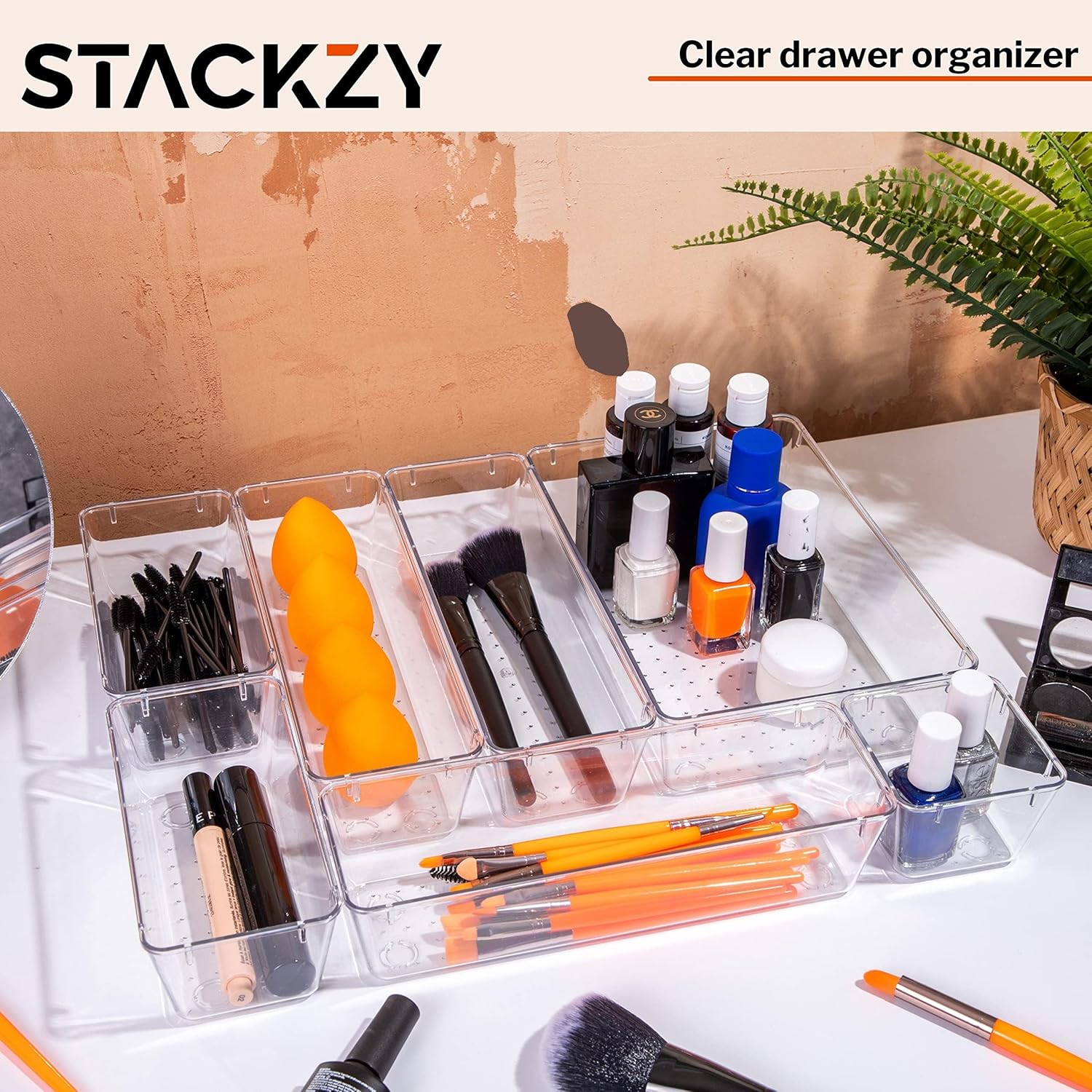 Stackzy Drawer Organiser Set – Makeup Organiser Tray for Drawers – Clear Cosmetics Container Tray for Bedroom – Utensil Cutlery Set Divider – Kitchen Storage & Organisation – 12pack - Image 7