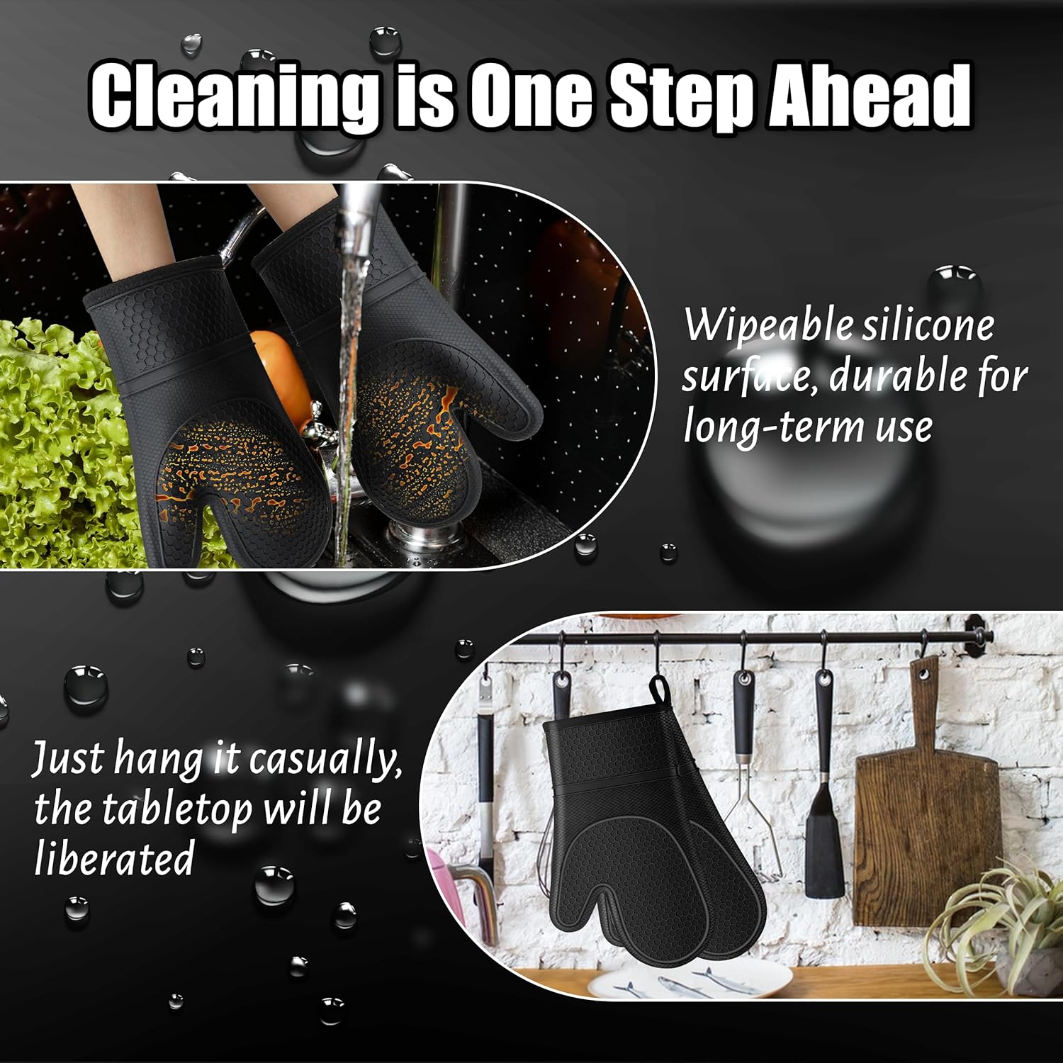 Oven Mitts,Anti-Slip Silicone Oven Gloves,Heat Resistant Gloves,Withstand 500 ℉,Black Double Oven Gloves for Kitchen Cooking,Dessert Making,BBQ - Image 5