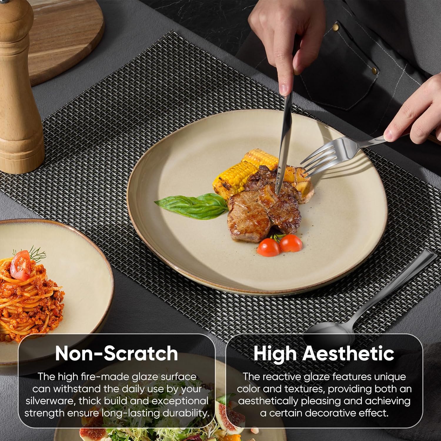 Homikit 12-Piece Dinner Set, Reactive Glaze Stoneware Dinnerware for 4 People, Irregular Shape Crockery with Plates and Bowls, Non-Toxic & Non-Scratch, Microwave and Dishwasher Safe - Caramel Dusk - Image 6