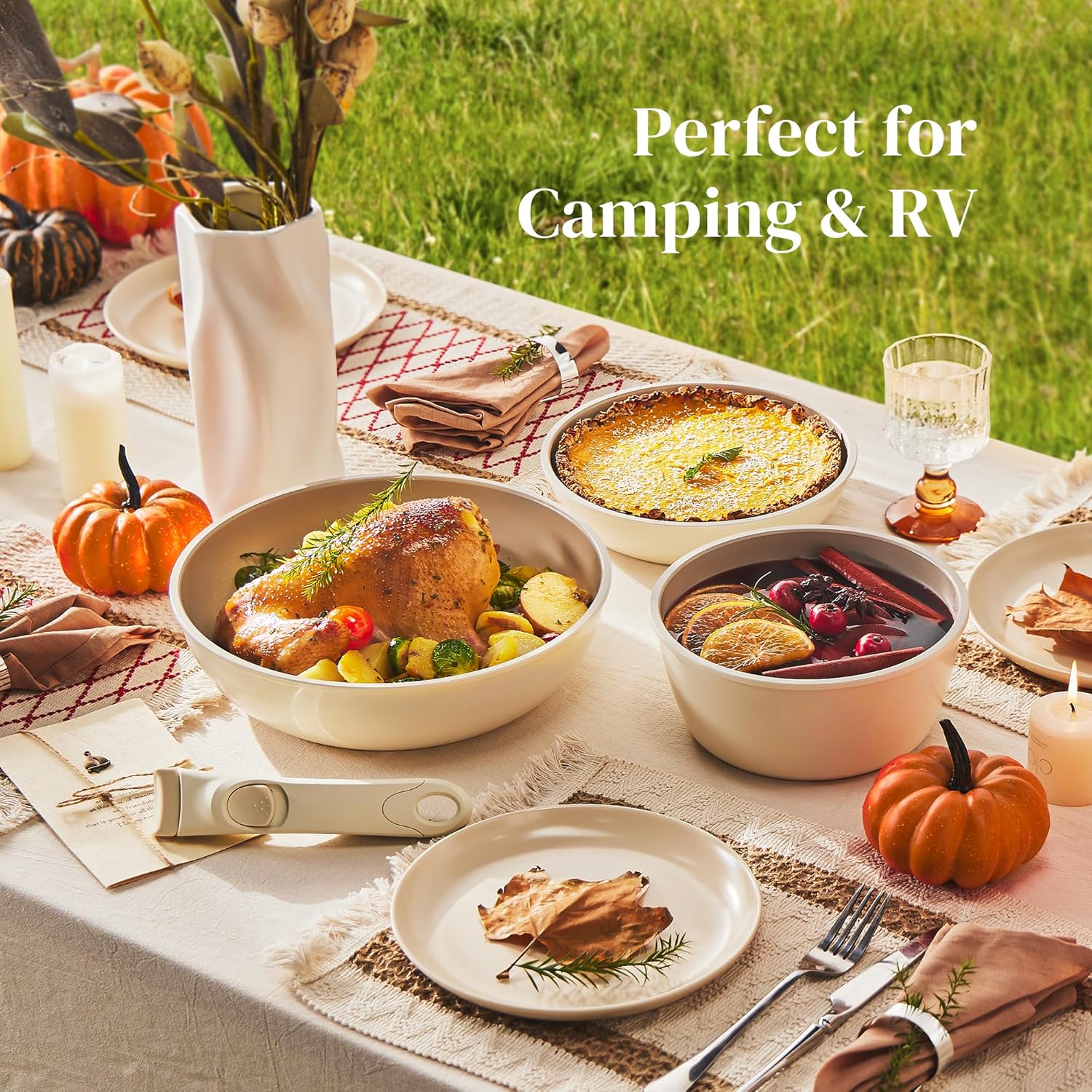 Redchef 16pcs Ceramic Pots and Pans Set Non Stick, Nonstick Kitchen Cookware Set with Detachable Handle, PFAS PFOA & PTFE Free, RV Ceramic Cookware Set for Camping, Oven Safe(Beige White - Image 2