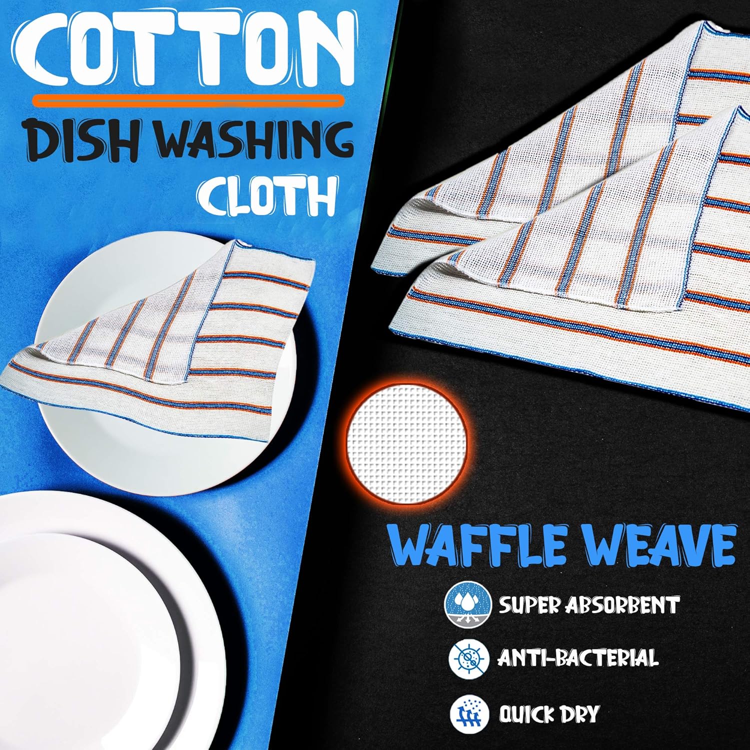 Towelogy® 5 Pack Cotton Dish Cloths Waffle Weave White Super Absorbent LINT FREE QUICK DRY Striped Kitchen Tea Towels Dishcloths for Washing Up Machine Washable 35x40cm (White Blue/Orange Stripes) - Image 3