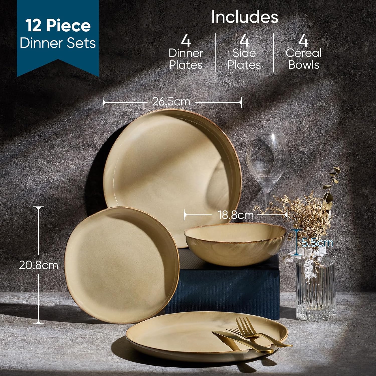 Homikit 12-Piece Dinner Set, Reactive Glaze Stoneware Dinnerware for 4 People, Irregular Shape Crockery with Plates and Bowls, Non-Toxic & Non-Scratch, Microwave and Dishwasher Safe - Caramel Dusk - Image 2