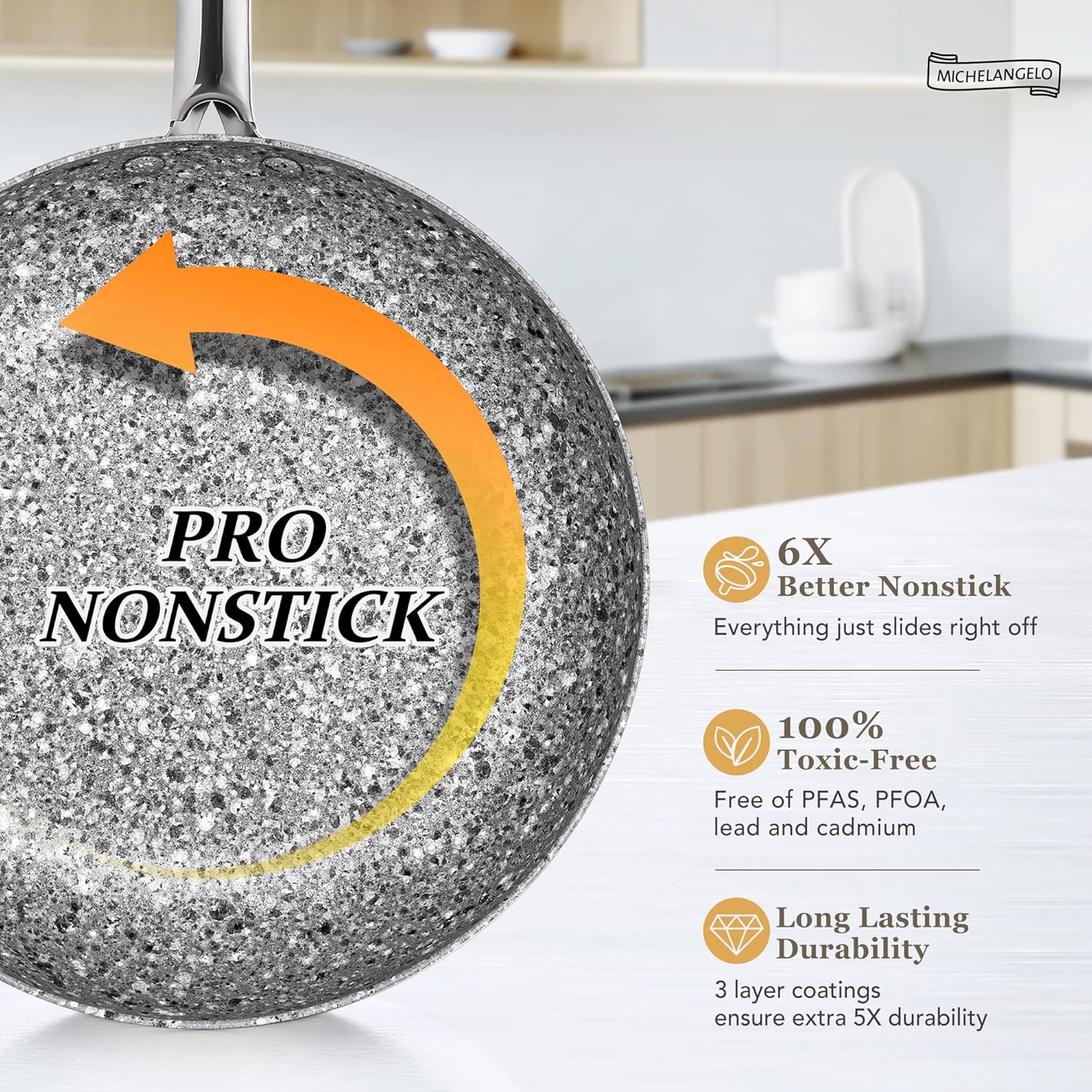 MICHELANGELO 26CM Frying Pan with Lid, Non Stick Fry Pan, Stone-Derived Coating Omelette Pan for Induction, Granite Skillets with Lid-Oven Safe - Image 3