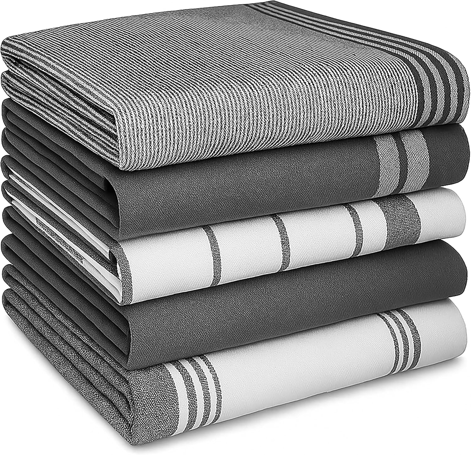 Premium Kitchen Tea Towels Set of 5 – Eco-Friendly 100% Cotton Hotel Quality Kitchen Towels Ultra Absorbent & Lint Free, Quick Drying Dish Cloth, 70 x 50 cm (Grey)