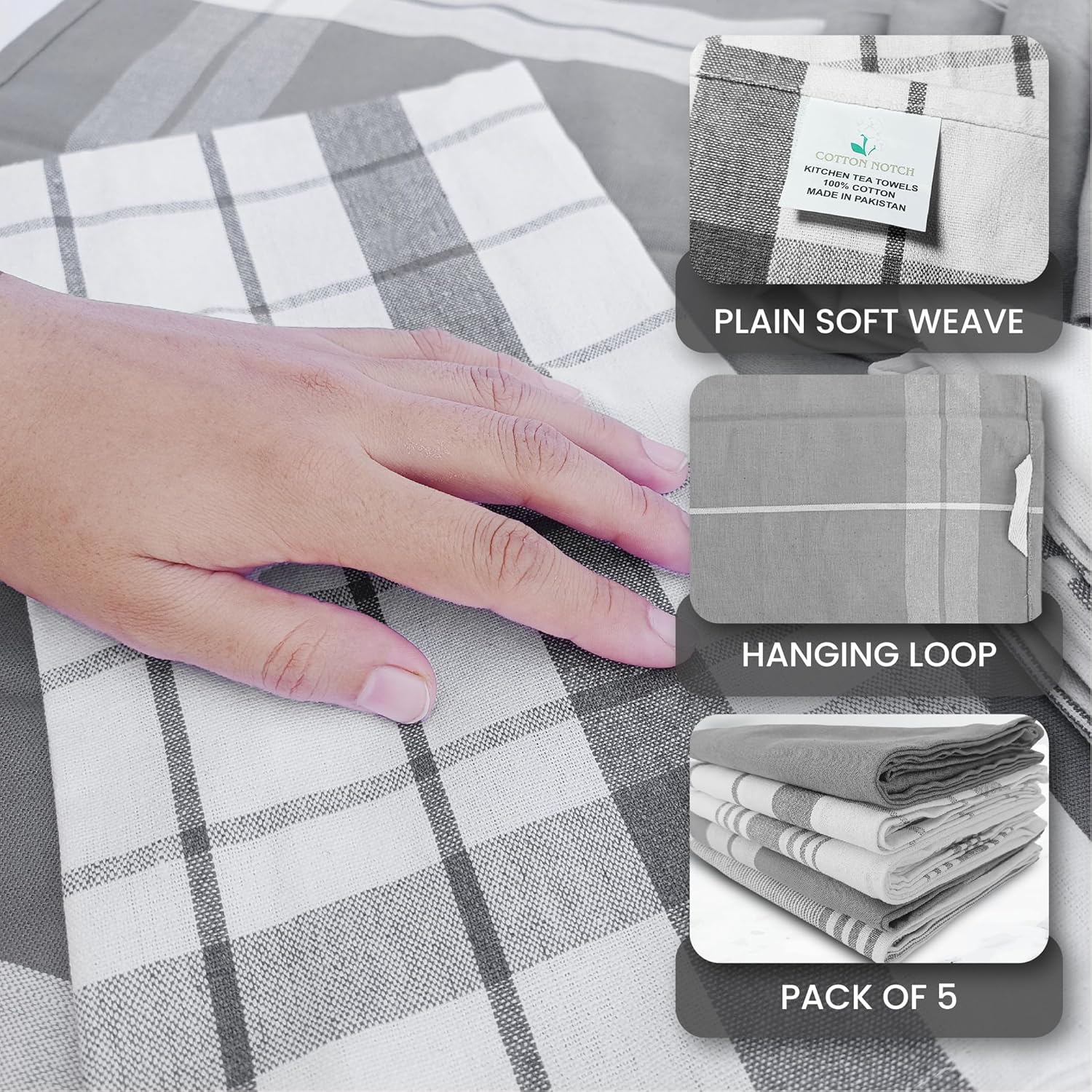 Premium Kitchen Tea Towels Set of 5 – Eco-Friendly 100% Cotton Hotel Quality Kitchen Towels Ultra Absorbent & Lint Free, Quick Drying Dish Cloth, 70 x 50 cm (Grey) - Image 6