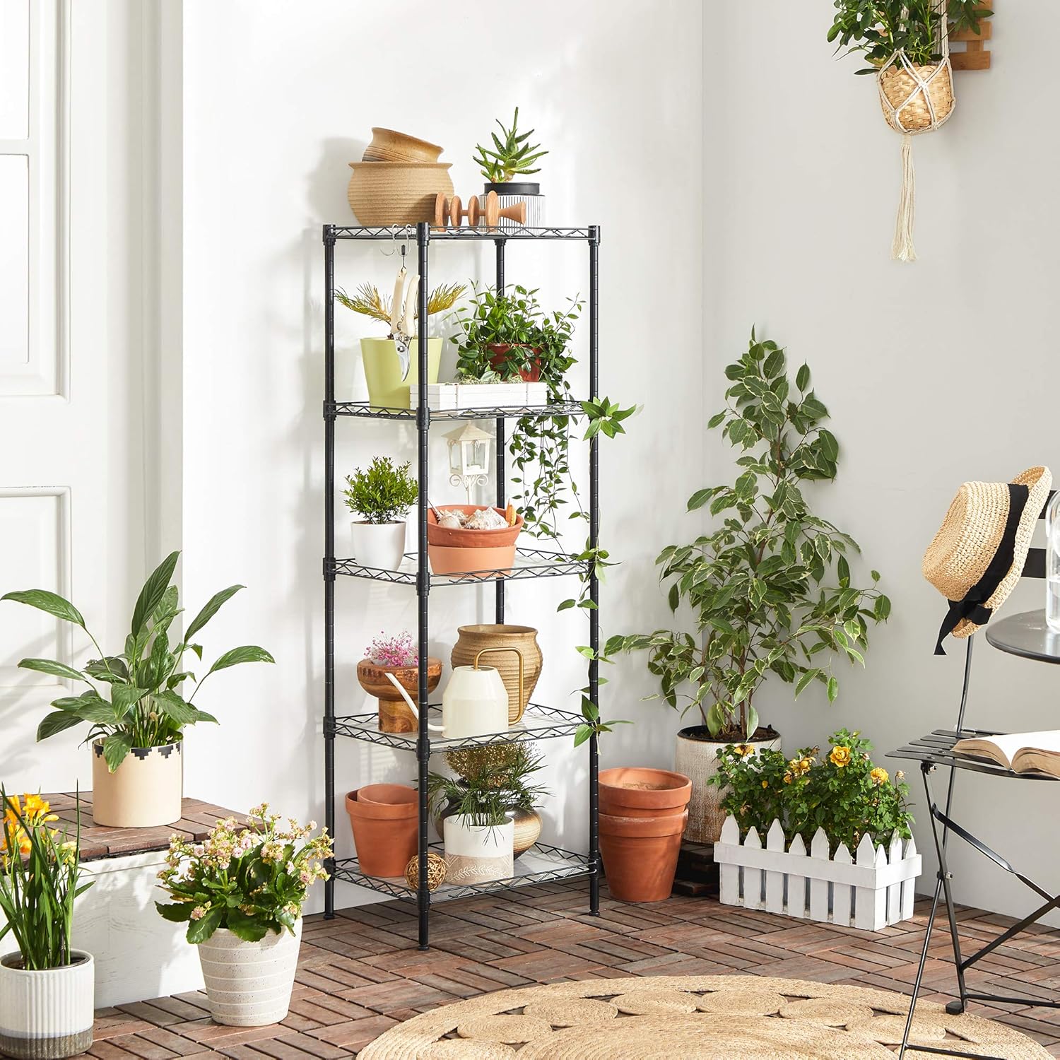 SONGMICS 5-Tier Shelving Unit, Metal Kitchen Storage Shelves, with Adjustable Wire Shelves, PP Liners, 8 Hooks, for Living Room, Garage, 30 x 40 x 121 cm, Black LGR115B01 - Image 7