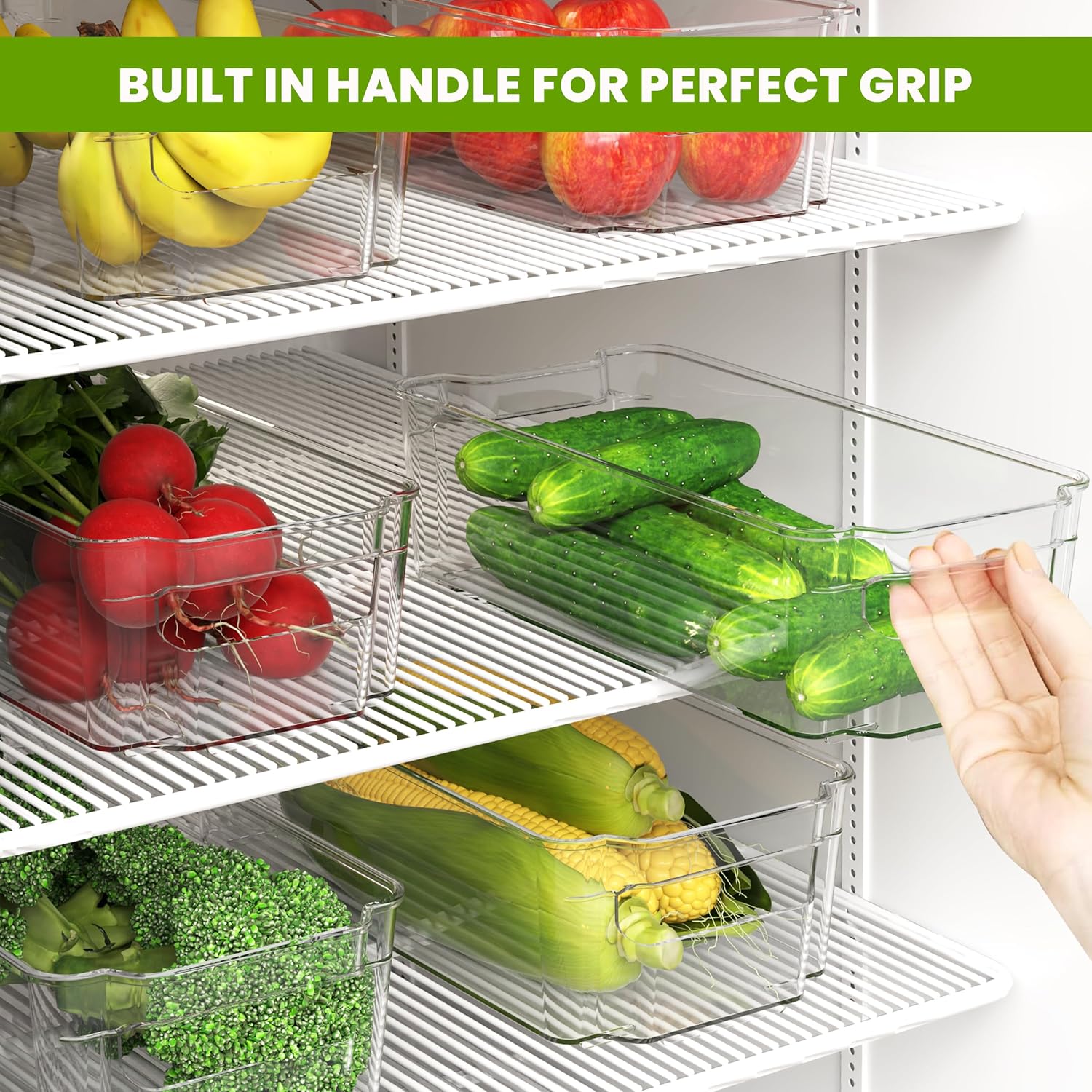 KICHLY Stackable Fridge Organisers - Set of 8 Storage Containers with Handles - Multipurpose Organizer Boxes For Kitchen, Fridge, Cupboard, Snacks, Cans, Tins, Pantry, Under Sink - BPA Free (Clear) - Image 4