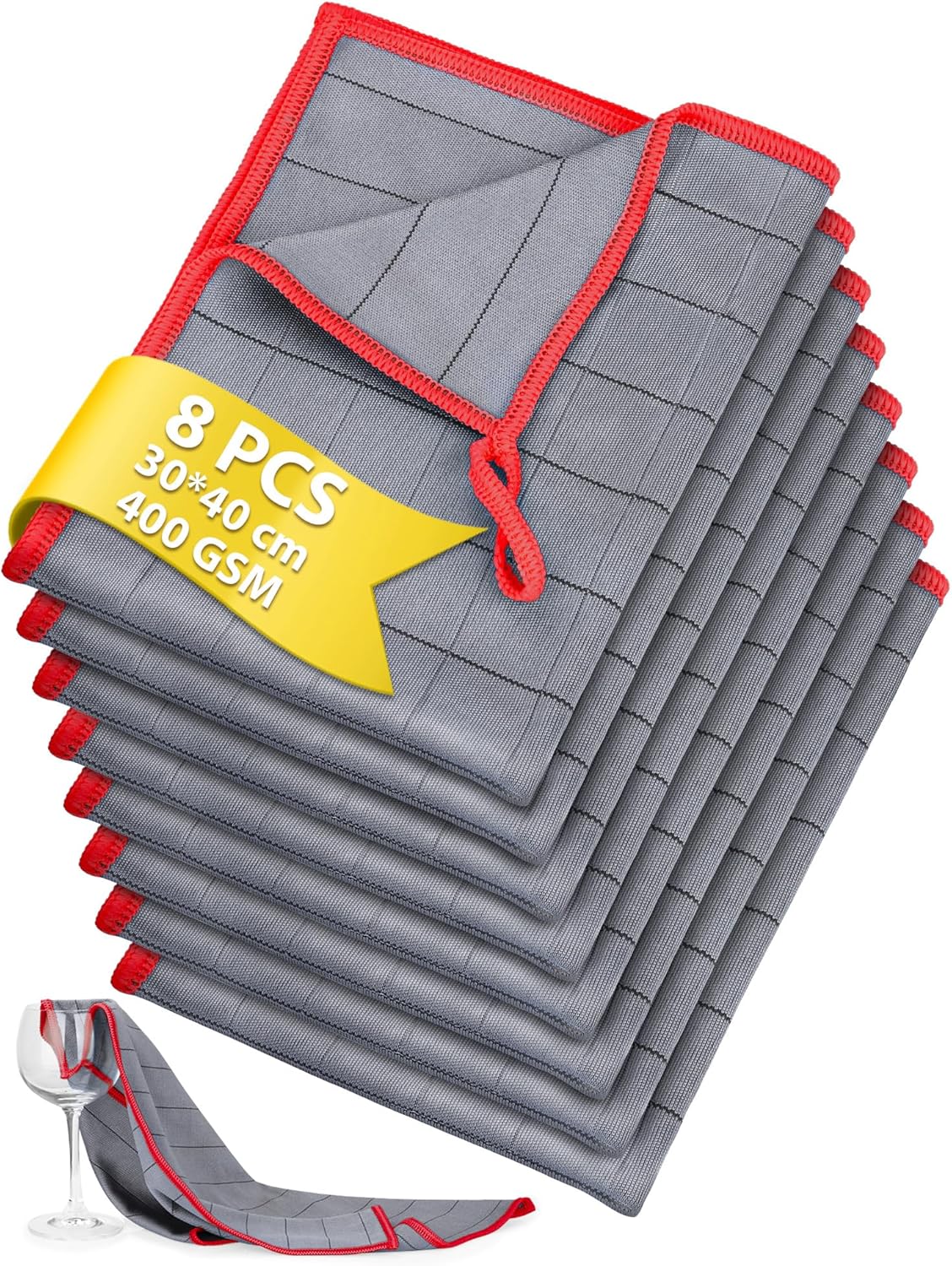 Euqvunn Carbon Microfibre Cleaning Cloths (8 Pack, 30x40cm) – 400GSM Lint-Free & Streak-Free | Grid Pattern for Stubborn Dirt & Grease | For Home, Kitchen, Car & Glass – Red