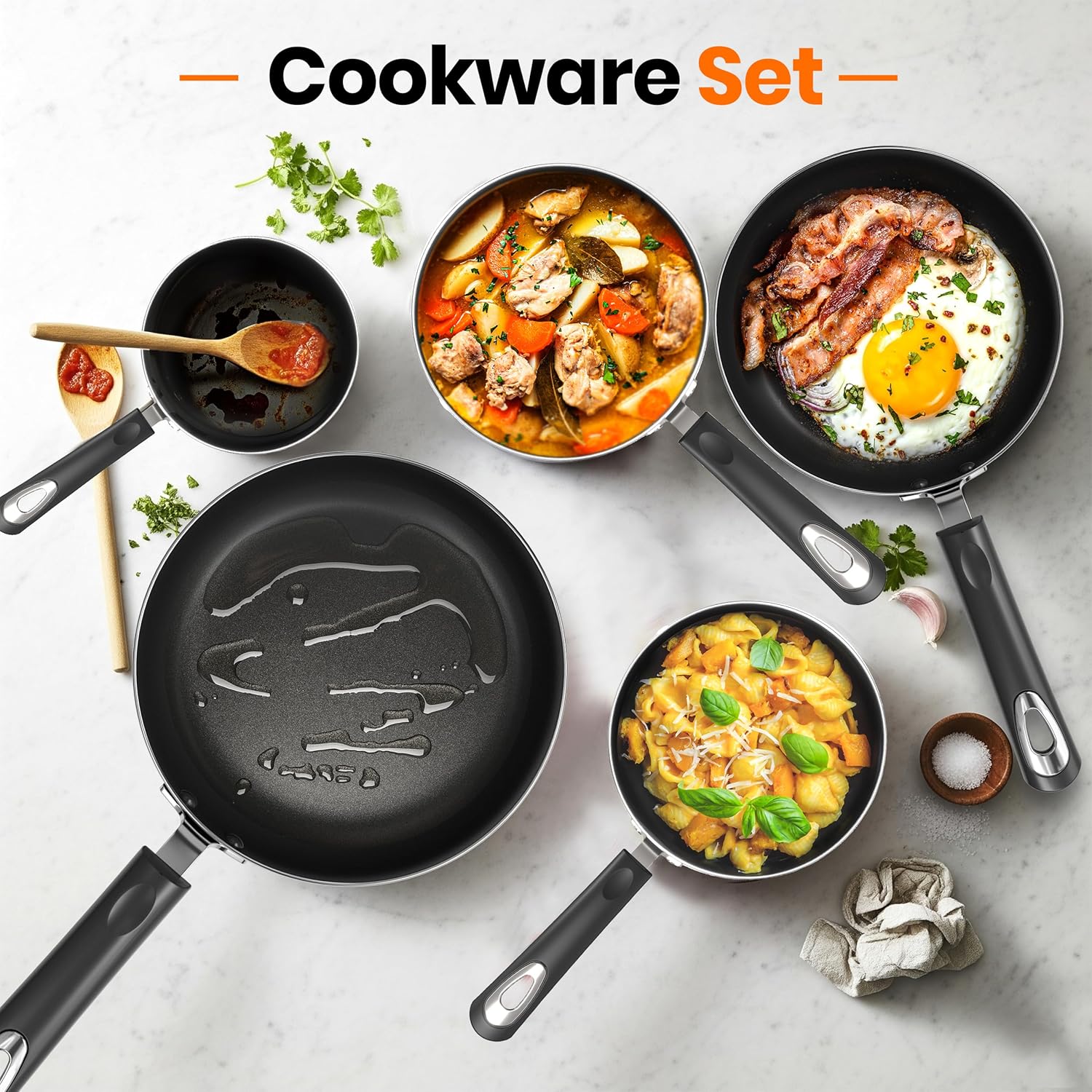 KICHLY Set of 8 Non-Stick Pots and Pans Cookware Suitable for Induction Hob with 20cm, 28cm Frying Pans and 16cm, 18cm, 20cm Saucepans Set with Lids (Black) - Image 5