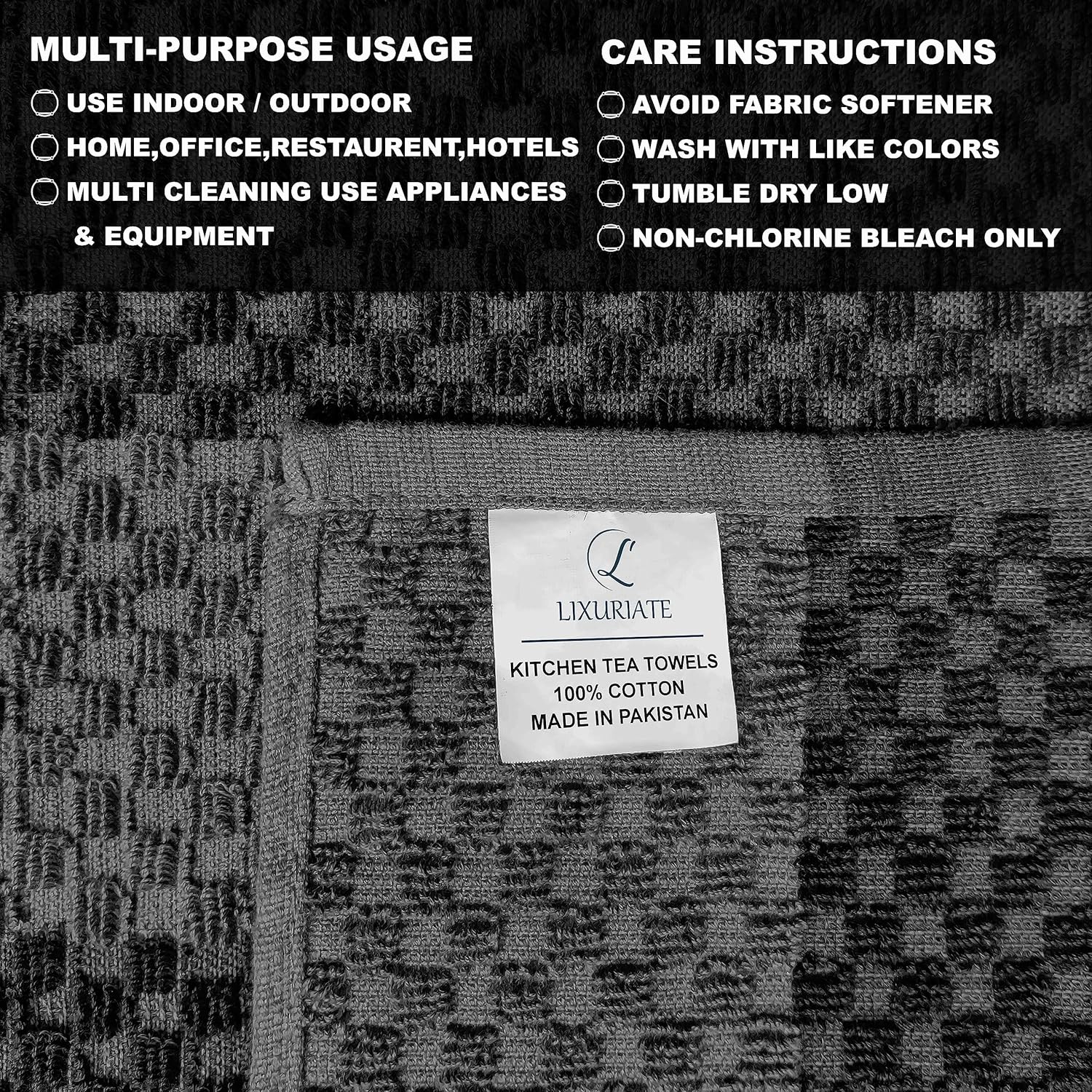 Stripe Designed Tea Towels for Kitchen - 100% Cotton | Super Absorbent & Quick Drying Hotel Quality Kitchen Towels Set | Machine Washable for Everyday Use (Grey & Black, 5 Pack) - Image 2