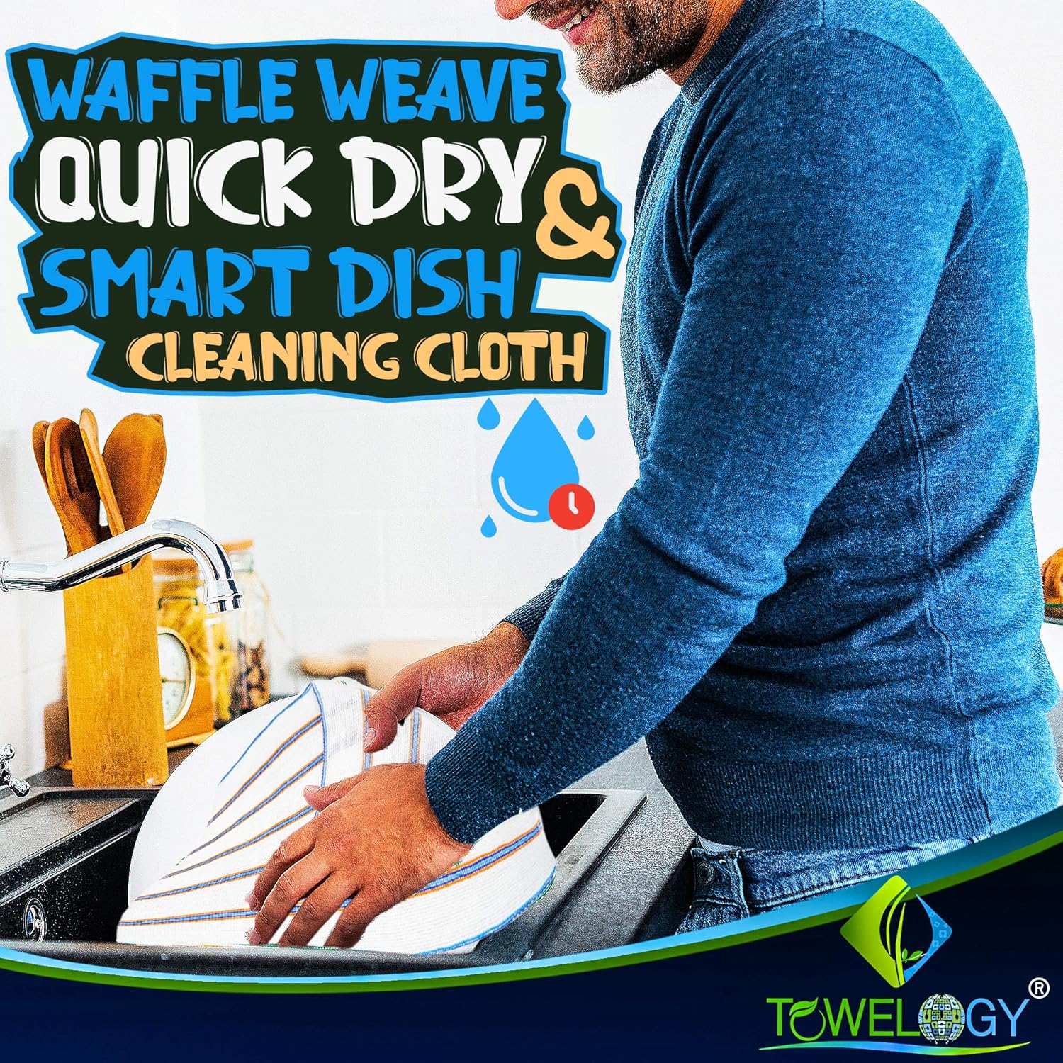 Towelogy® 5 Pack Cotton Dish Cloths Waffle Weave White Super Absorbent LINT FREE QUICK DRY Striped Kitchen Tea Towels Dishcloths for Washing Up Machine Washable 35x40cm (White Blue/Orange Stripes) - Image 6